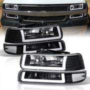 Chevrolet Silverado 1999-2002 / Suburban Tahoe 2000-2006 LED DRL Bar Factory Style Headlights + Bumpers Black Housing Clear Len Clear Reflector - Parts Agent