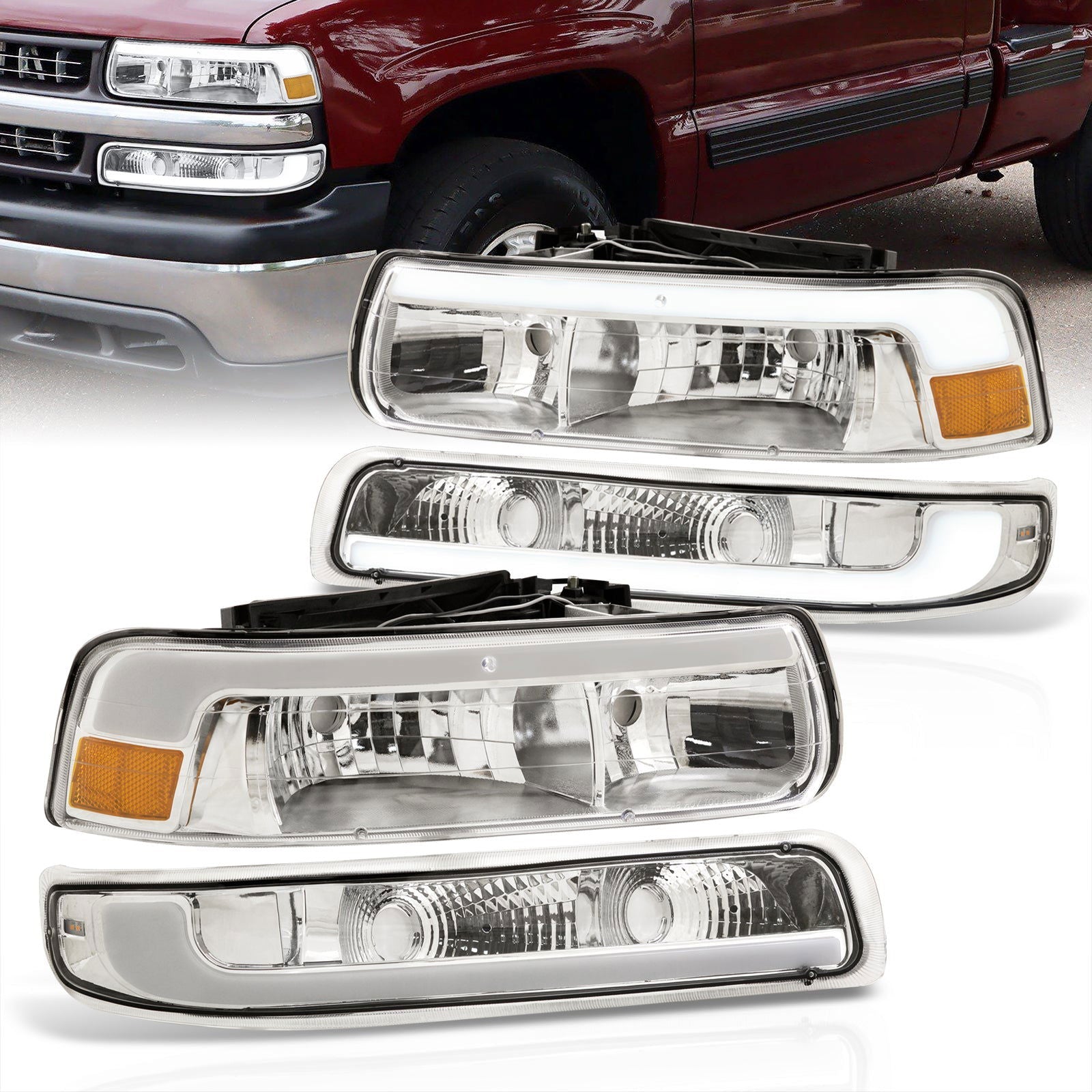 Chevrolet Silverado 1999-2002 / Suburban Tahoe 2000-2006 LED DRL Bar Factory Style Headlights + Bumpers Chrome Housing Clear Len Amber Reflector - Parts Agent