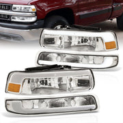 Chevrolet Silverado 1999-2002 / Suburban Tahoe 2000-2006 LED DRL Bar Factory Style Headlights + Bumpers Chrome Housing Clear Len Amber Reflector - Parts Agent