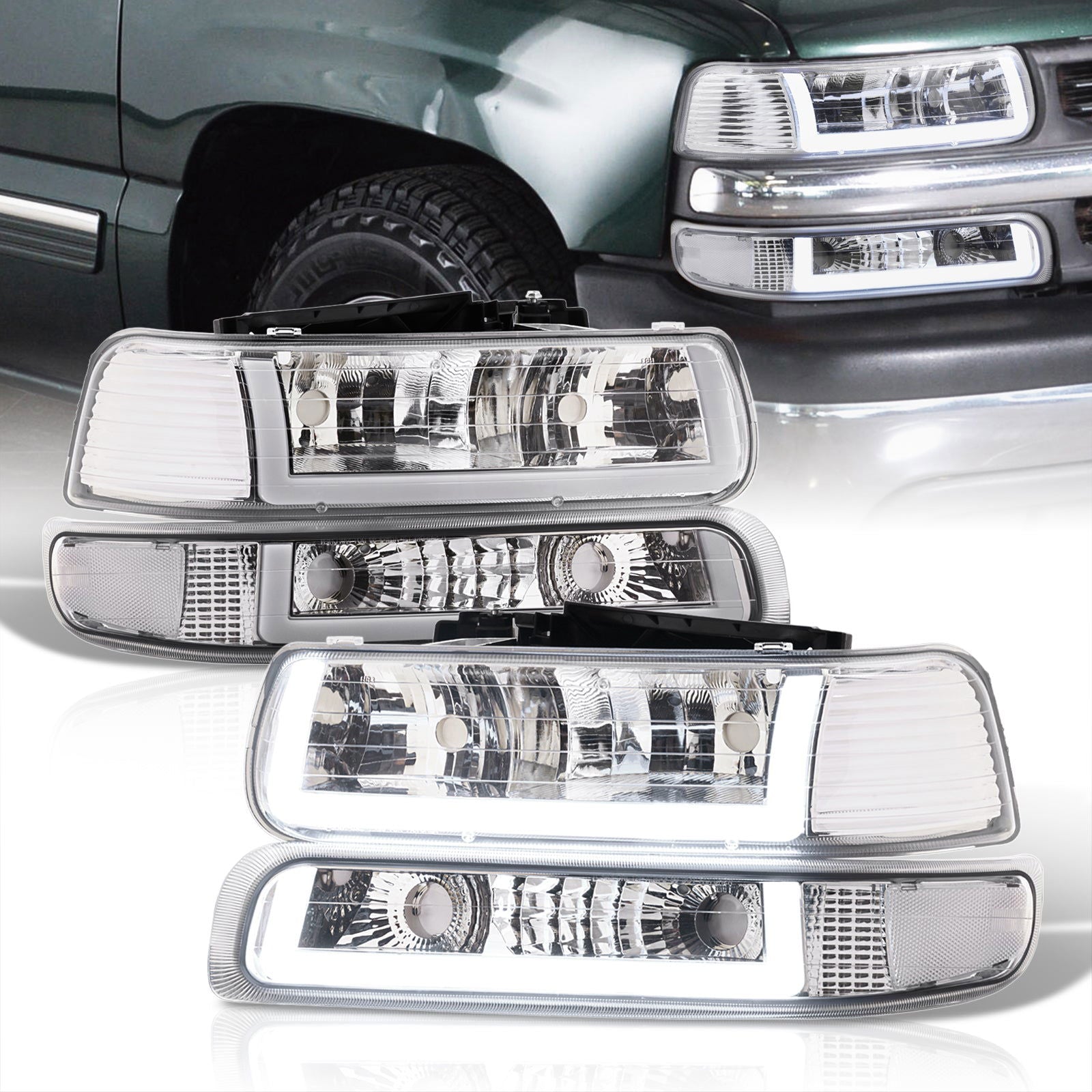 Chevrolet Silverado 1999-2002 / Suburban Tahoe 2000-2006 LED DRL Bar Factory Style Headlights + Bumpers Chrome Housing Clear Len Clear Reflector - Parts Agent
