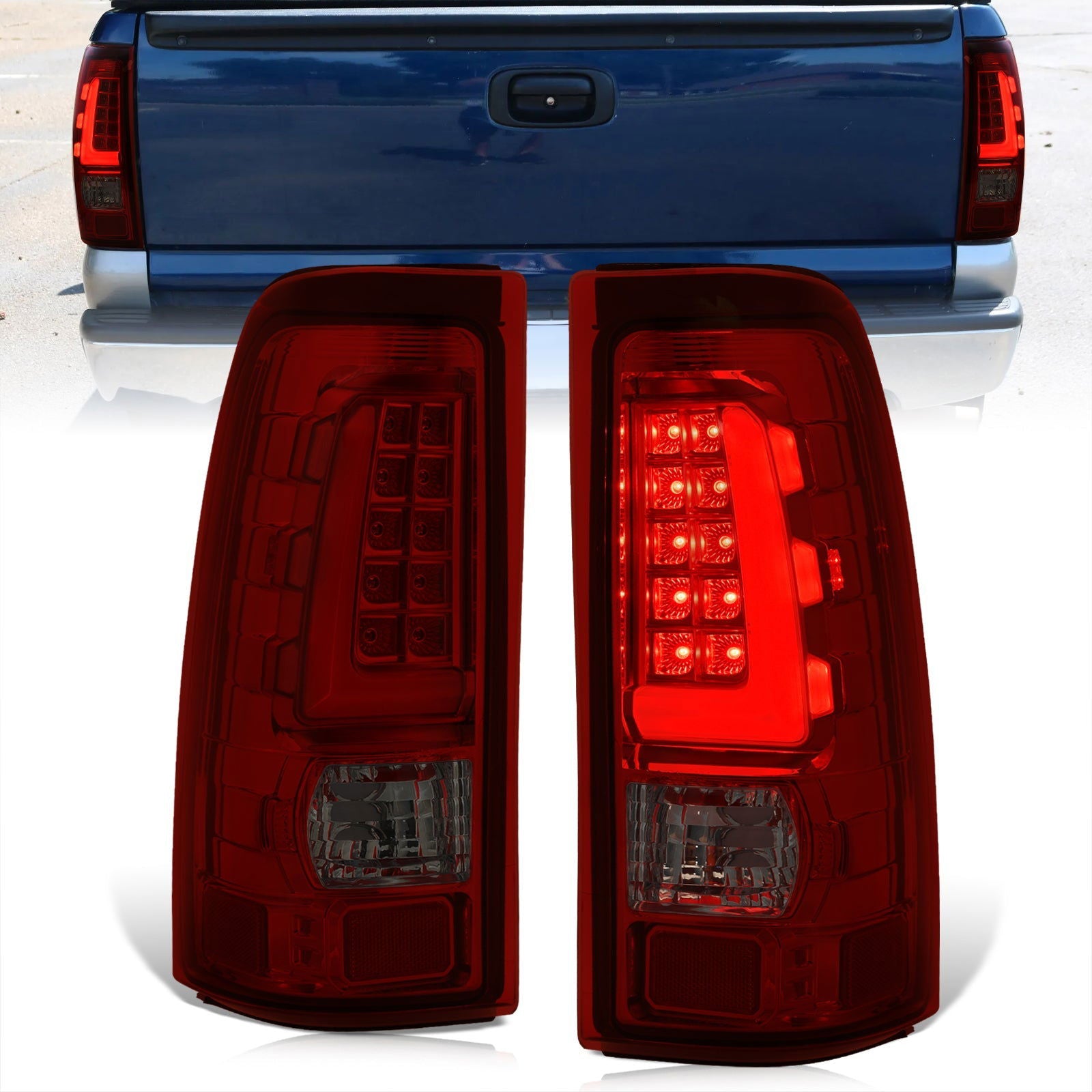 Chevrolet Silverado 1999-2006 / GMC Sierra 1999-2006 LED Bar Tail Lights Chrome Housing Red Smoke Len White Tube - Parts Agent