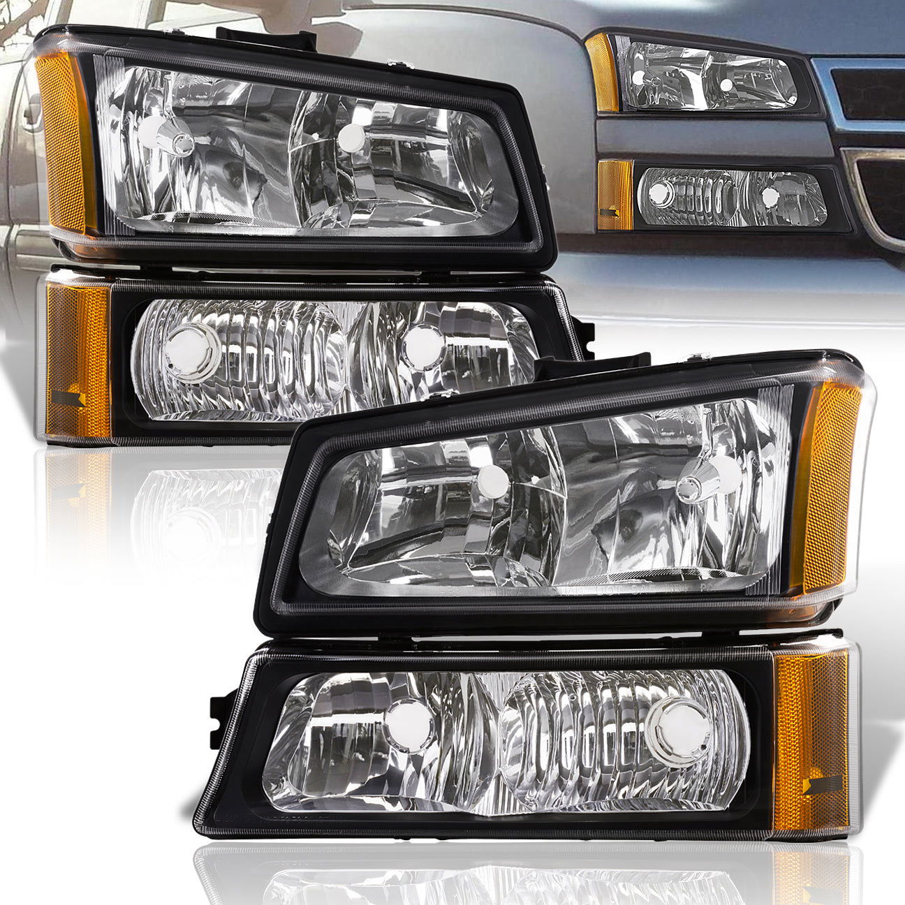 Chevrolet Silverado 2003-2006 Factory Style Headlights + Bumpers Black Housing Clear Len Amber Reflector - Parts Agent