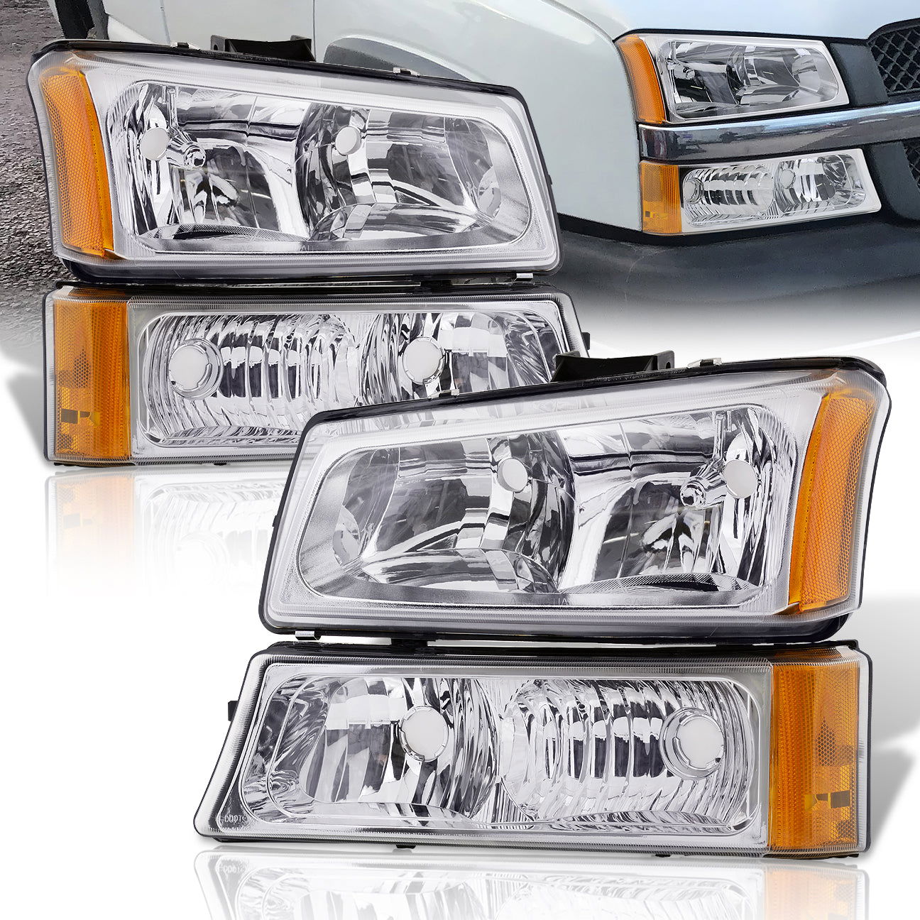 Chevrolet Silverado 2003-2006 Factory Style Headlights + Bumpers Chrome Housing Clear Len Amber Reflector - Parts Agent