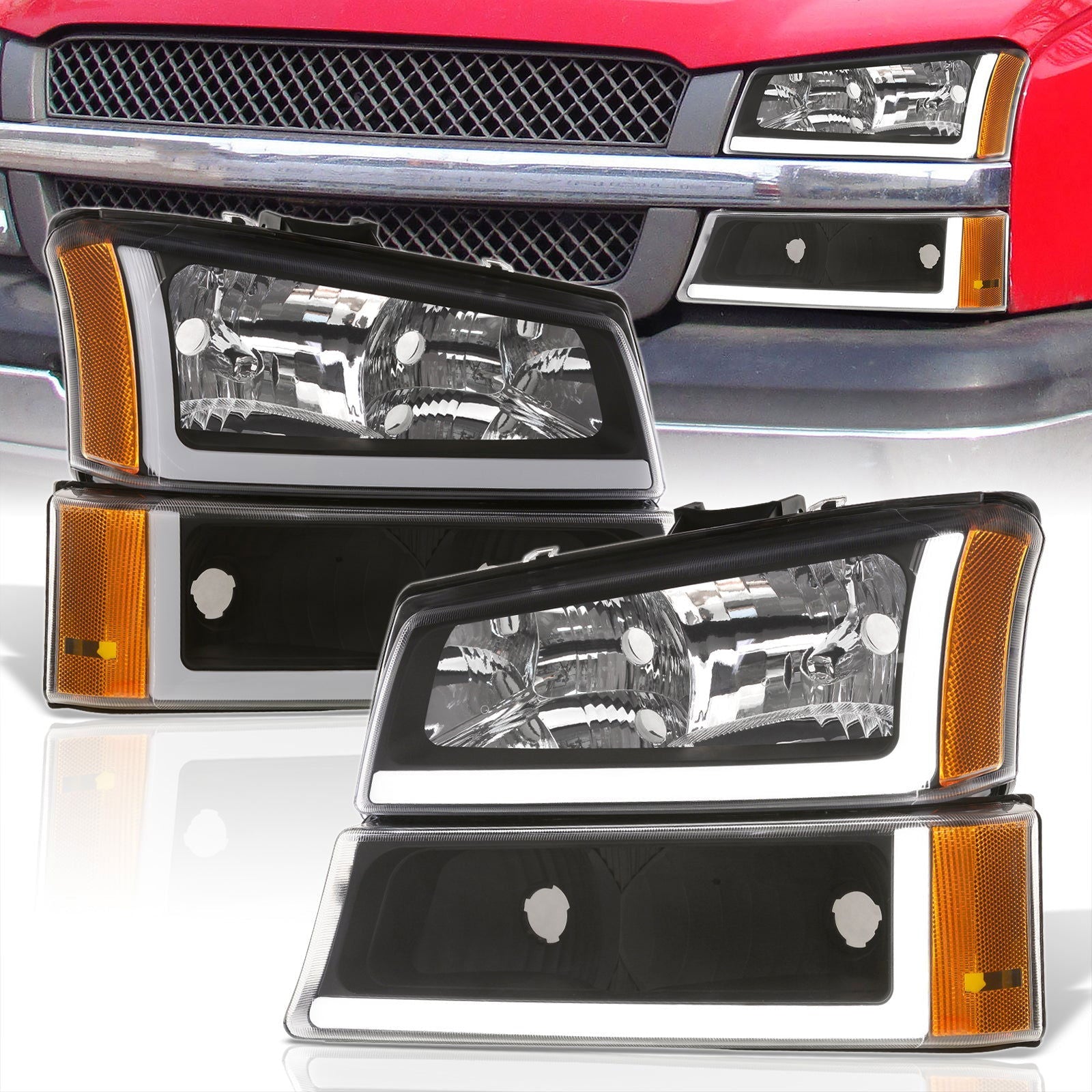 Chevrolet Silverado 2003-2006 LED DRL Bar Factory Style Headlights + Bumpers Black Housing Clear Len Amber Reflector - Parts Agent