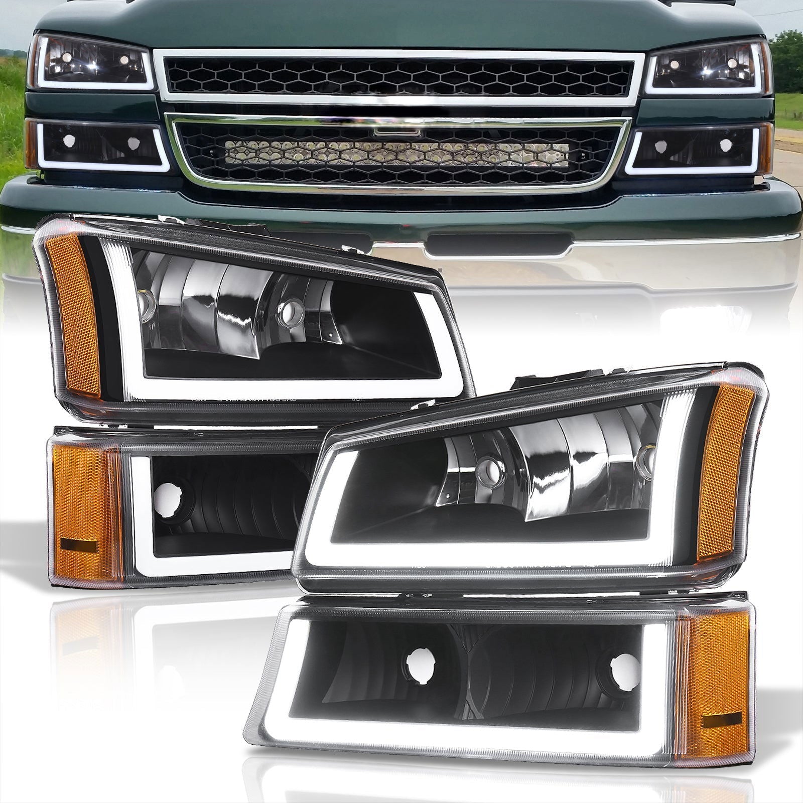 Chevrolet Silverado 2003-2006 LED DRL Bar Factory Style Headlights + Bumpers Black Housing Clear Len Amber Reflector - Parts Agent