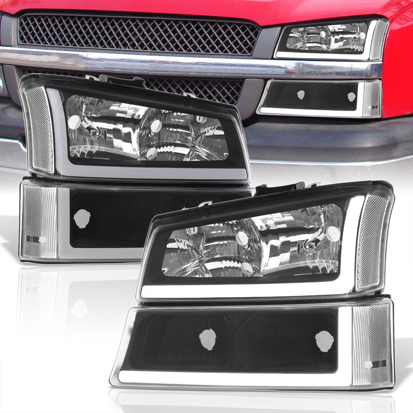 Chevrolet Silverado 2003-2006 LED DRL Bar Factory Style Headlights + Bumpers Black Housing Clear Len Clear Reflector - Parts Agent