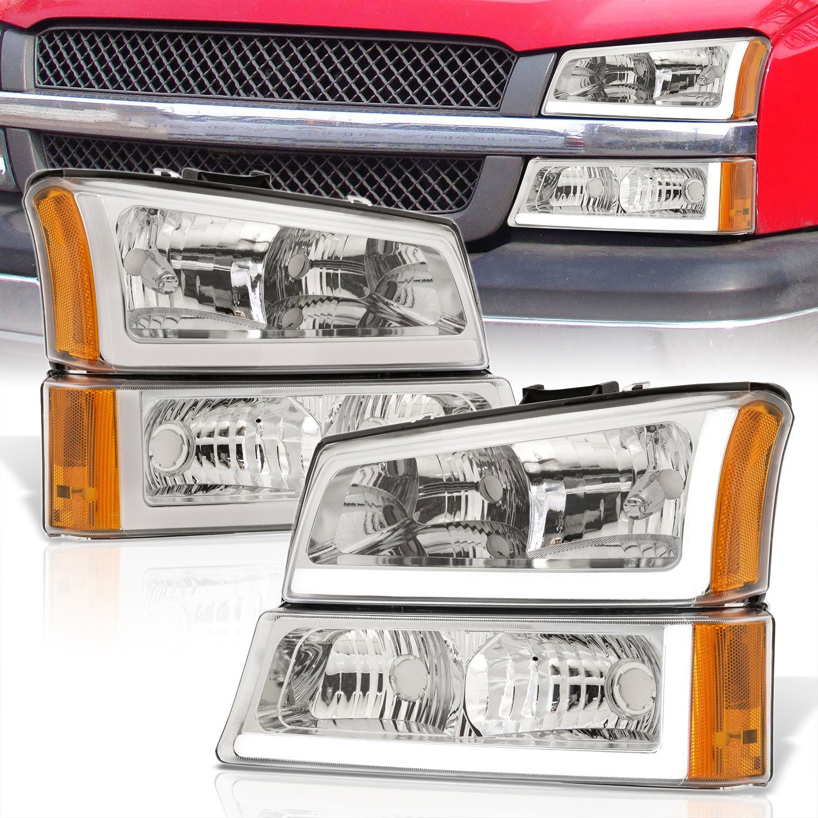 Chevrolet Silverado 2003-2006 LED DRL Bar Factory Style Headlights + Bumpers Chrome Housing Clear Len Amber Reflector - Parts Agent