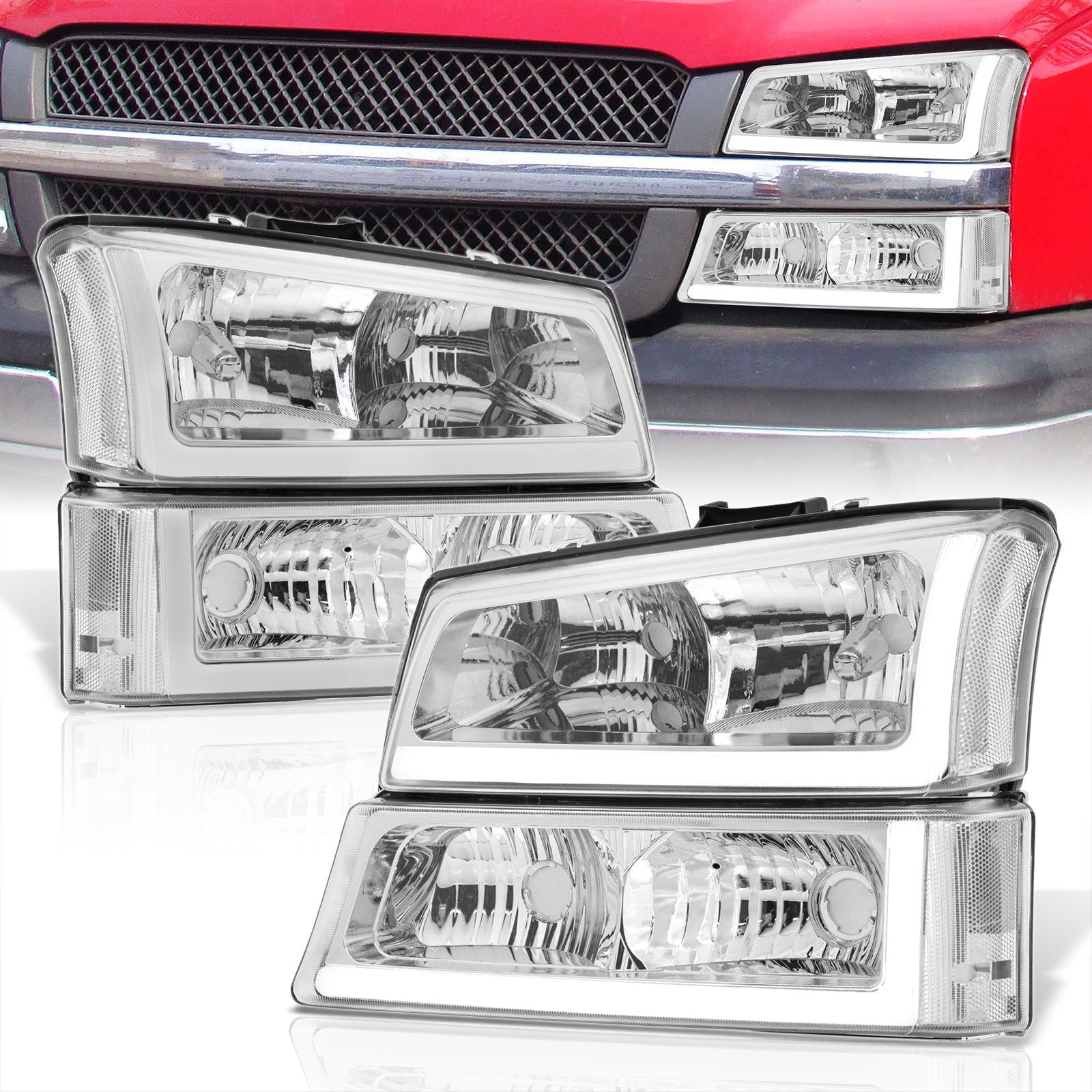 Chevrolet Silverado 2003-2006 LED DRL Bar Factory Style Headlights + Bumpers Chrome Housing Clear Len Clear Reflector - Parts Agent