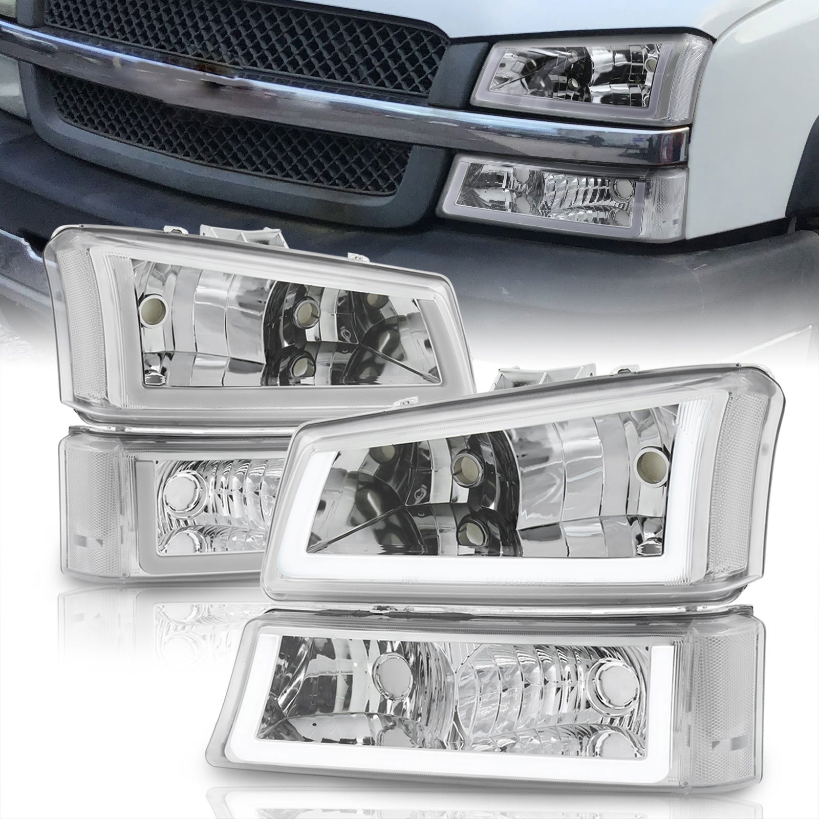 Chevrolet Silverado 2003-2006 LED DRL Bar Factory Style Headlights + Bumpers Chrome Housing Clear Len Clear Reflector - Parts Agent