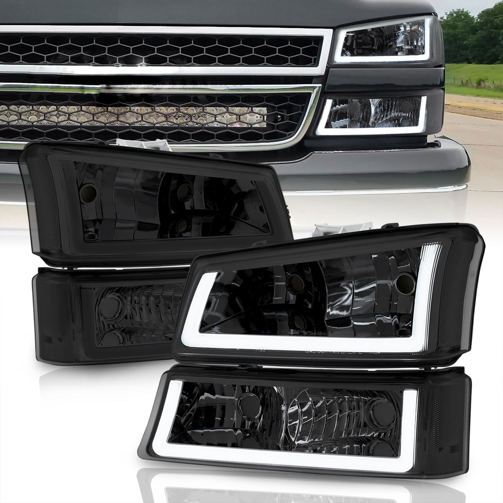 Chevrolet Silverado 2003-2006 LED DRL Bar Factory Style Headlights + Bumpers Chrome Housing Smoke Len Clear Reflector - Parts Agent