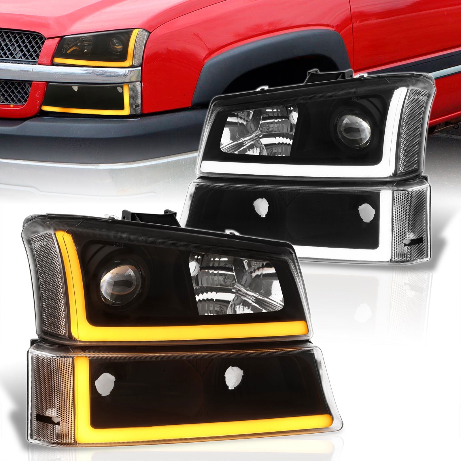 Chevrolet Silverado 2003-2006 Sequential LED DRL Bar Projector Headlights + Bumpers Black Housing Clear Len Clear Reflector - Parts Agent