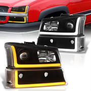 Chevrolet Silverado 2003-2006 Sequential LED DRL Bar Projector Headlights + Bumpers Black Housing Clear Len Clear Reflector - Parts Agent