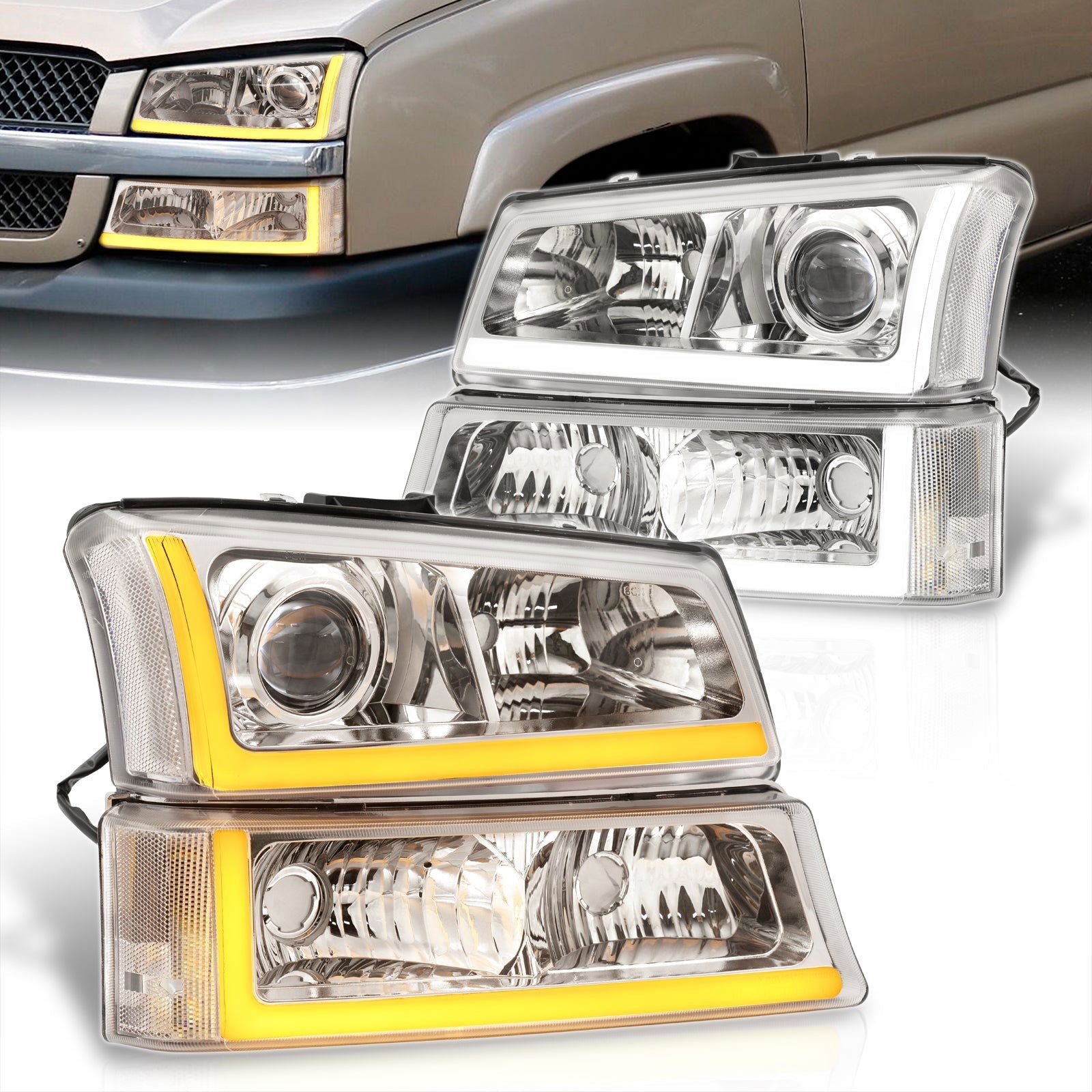 Chevrolet Silverado 2003-2006 Sequential LED DRL Bar Projector Headlights + Bumpers Chrome Housing Clear Len Clear Reflector - Parts Agent