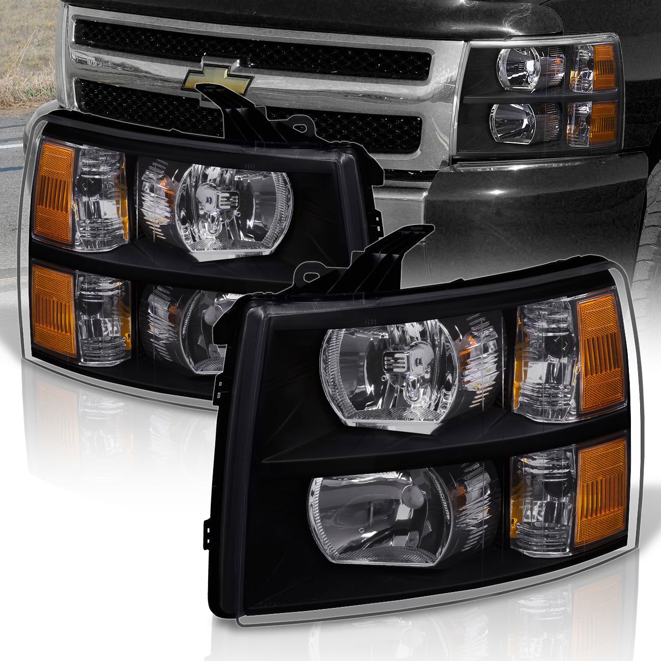 Chevrolet Silverado 2007-2013 Factory Style Headlights Black Housing Clear Len Amber Reflector - Parts Agent