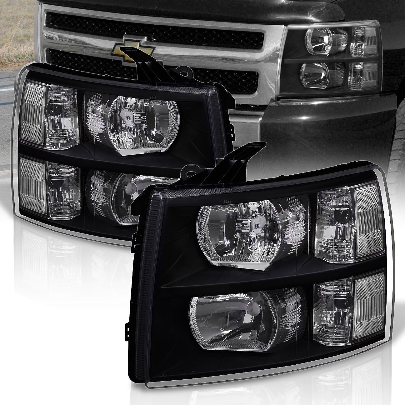 Chevrolet Silverado 2007-2013 Factory Style Headlights Black Housing Clear Len Clear Reflector - Parts Agent