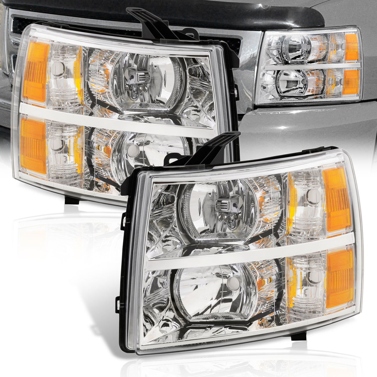 Chevrolet Silverado 2007-2013 Factory Style Headlights Chrome Housing Clear Len Amber Reflector - Parts Agent