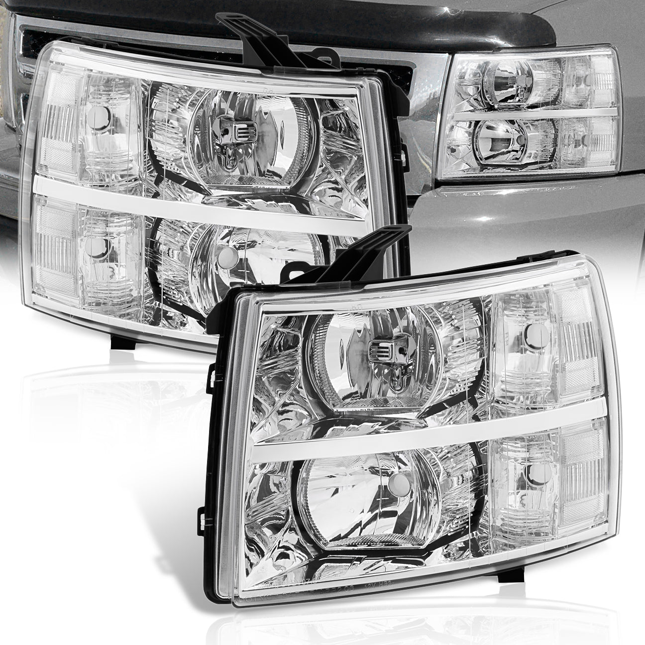 Chevrolet Silverado 2007-2013 Factory Style Headlights Chrome Housing Clear Len Clear Reflector - Parts Agent
