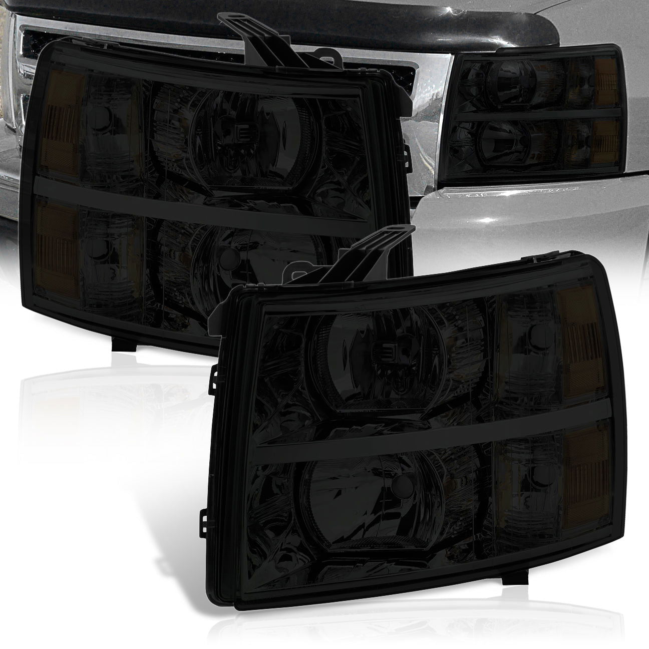 Chevrolet Silverado 2007-2013 Factory Style Headlights Chrome Housing Smoke Len Amber Reflector - Parts Agent
