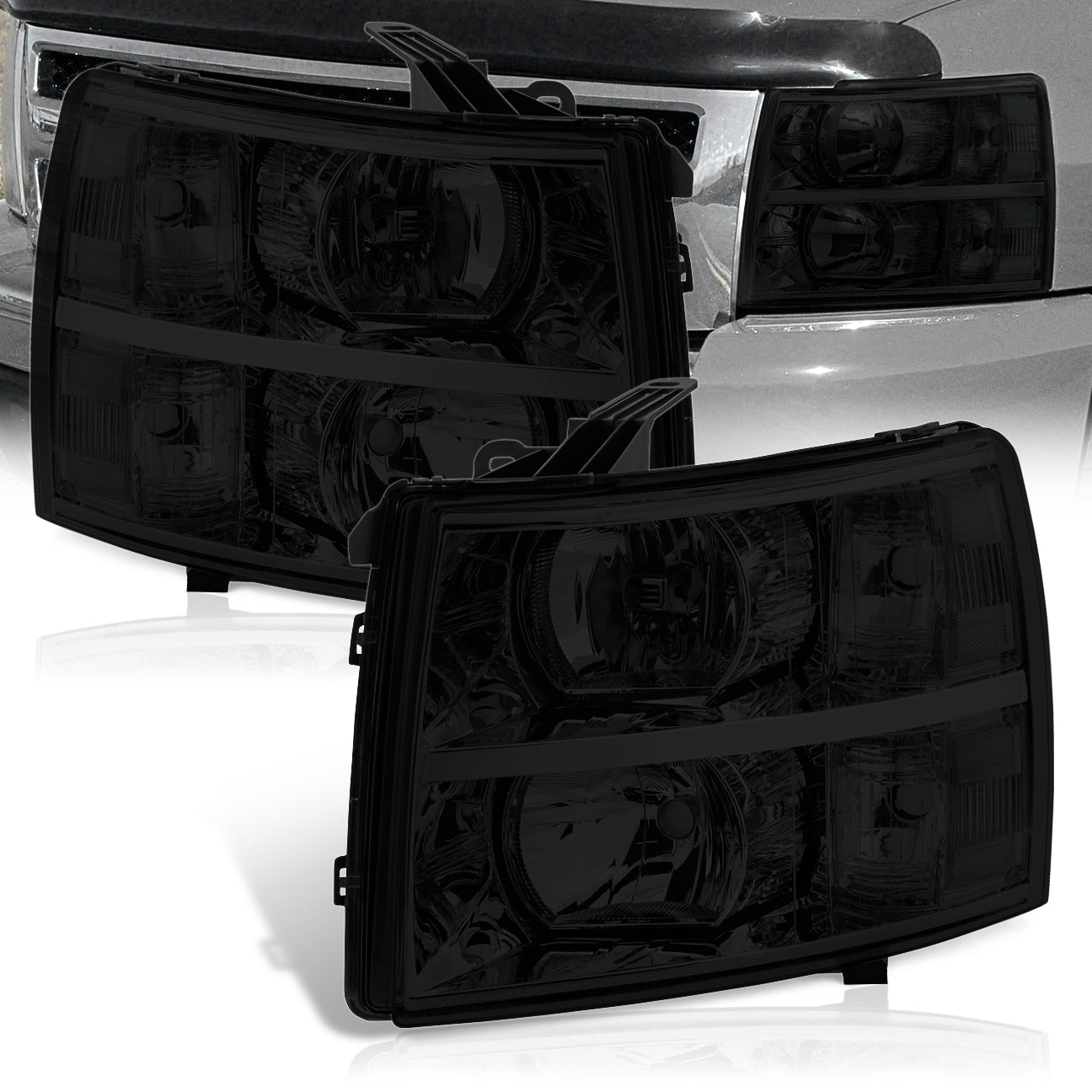Chevrolet Silverado 2007-2013 Factory Style Headlights Chrome Housing Smoke Len Clear Reflector - Parts Agent