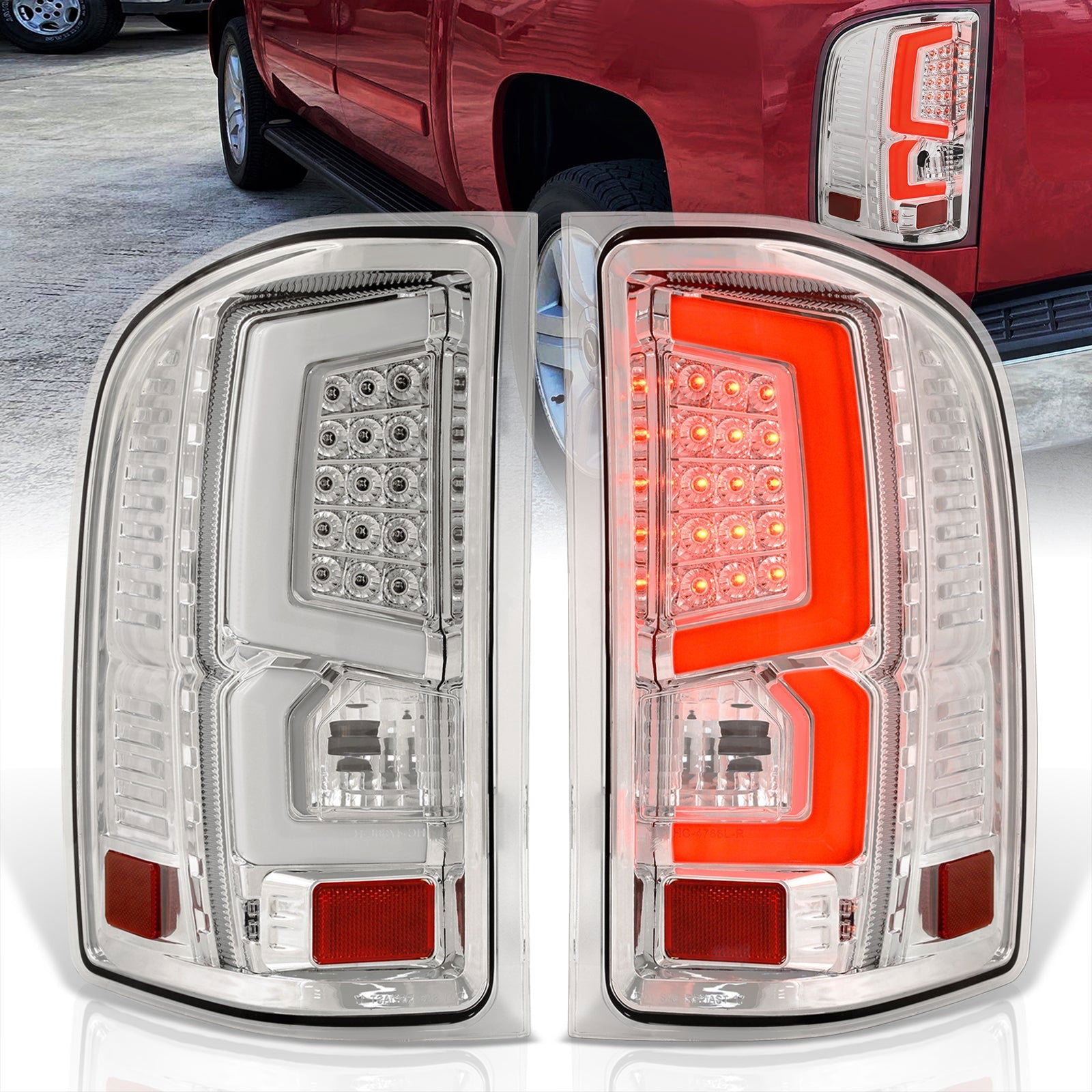 Chevrolet Silverado 2007-2013 LED Bar Tail Lights Chrome Housing Clear Len White Tube - Parts Agent