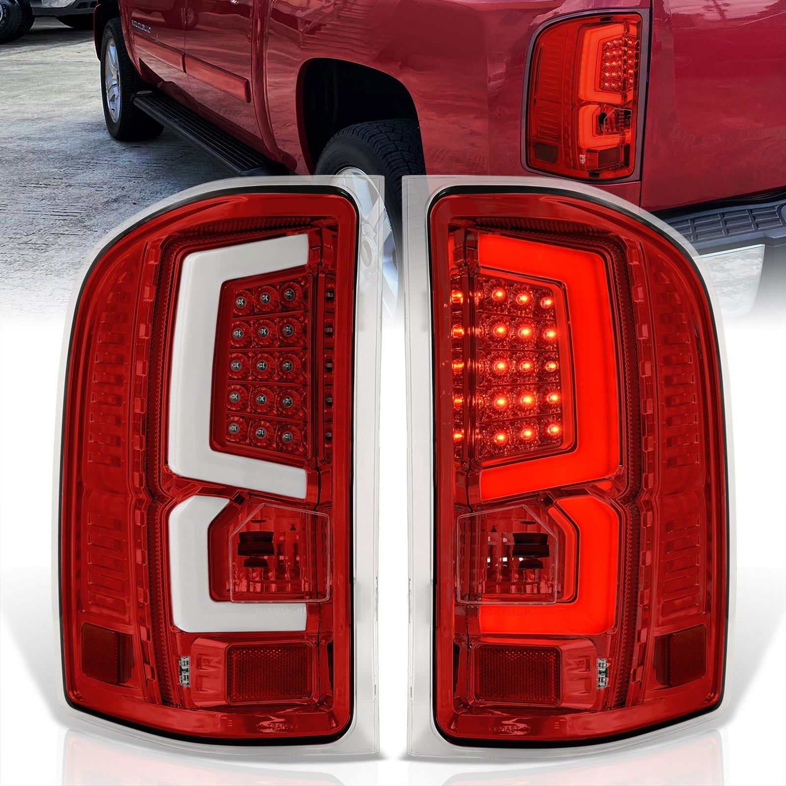 Chevrolet Silverado 2007-2013 LED Bar Tail Lights Red Housing Clear Len White Tube - Parts Agent