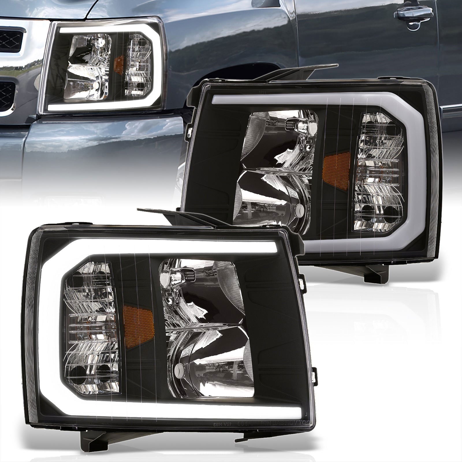 Chevrolet Silverado 2007-2013 LED DRL Bar Factory Style Headlights Black Housing Clear Len Amber Reflector - Parts Agent