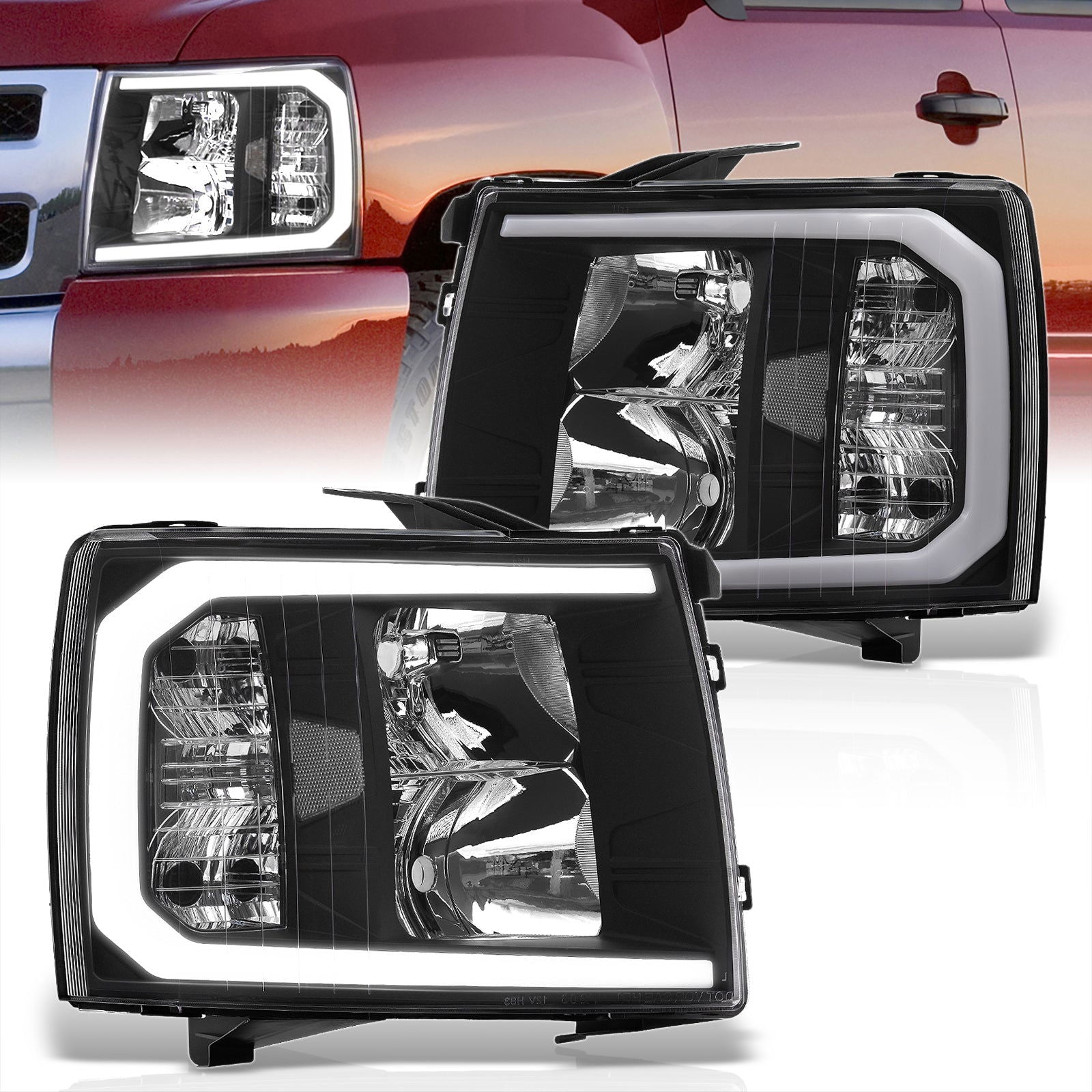 Chevrolet Silverado 2007-2013 LED DRL Bar Factory Style Headlights Black Housing Clear Len Clear Reflector - Parts Agent