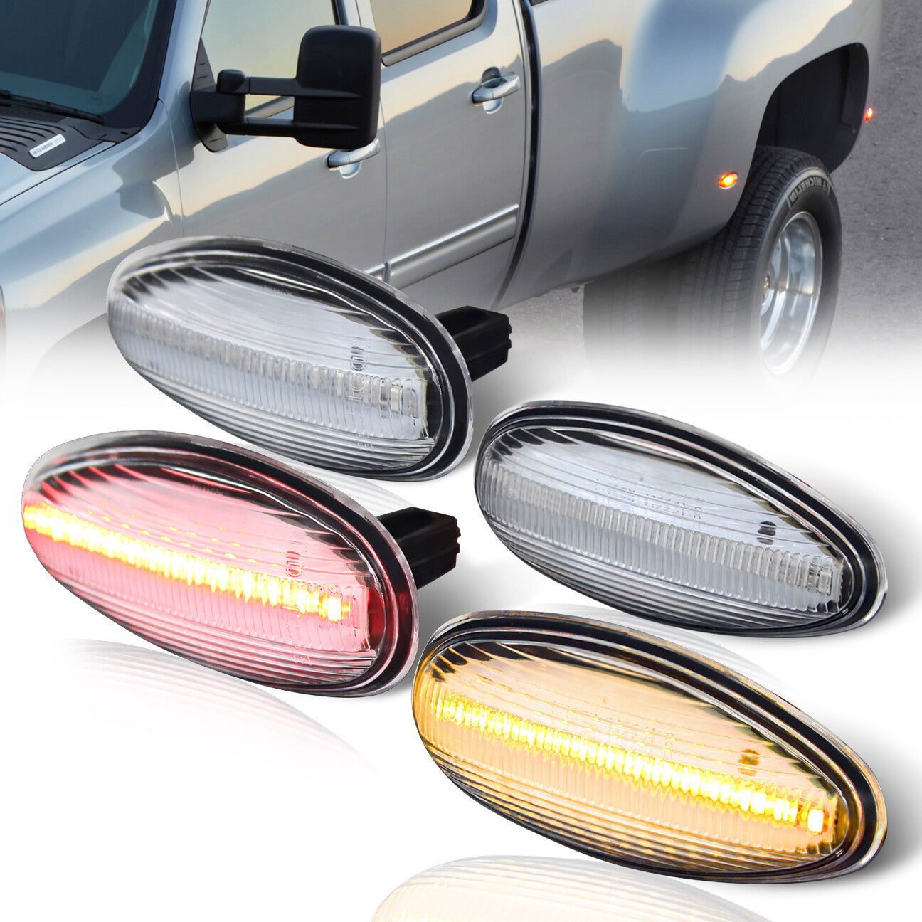 Chevrolet Silverado (Dually) 2500HD 3500HD 2001-2014 / GMC Sierra (Dually) 2500HD 3500HD 1999-2014 4 Piece Front Amber & Rear Red LED Fender Side Marker Lights Clear Len - Parts Agent