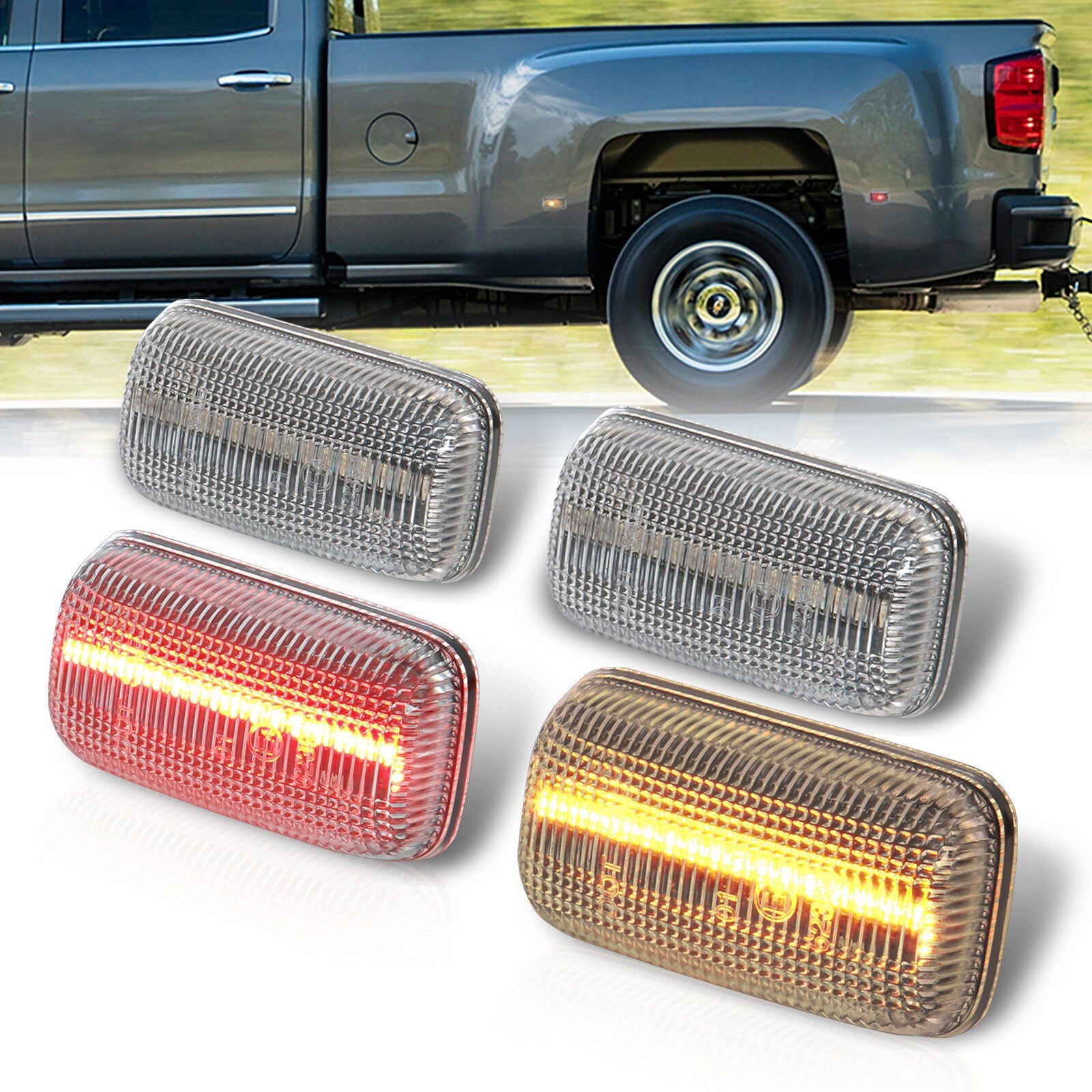 Chevrolet Silverado (Dually) 2500HD 3500HD 2015-2021 / GMC Sierra (Dually) 2500HD 3500HD 2015-2021 4 Piece Front Amber & Rear Red LED Fender Side Marker Lights Clear Len - Parts Agent
