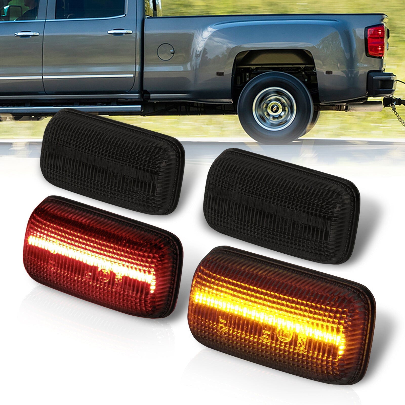 Chevrolet Silverado (Dually) 2500HD 3500HD 2015-2021 / GMC Sierra (Dually) 2500HD 3500HD 2015-2021 4 Piece Front Amber & Rear Red LED Fender Side Marker Lights Smoke Len - Parts Agent