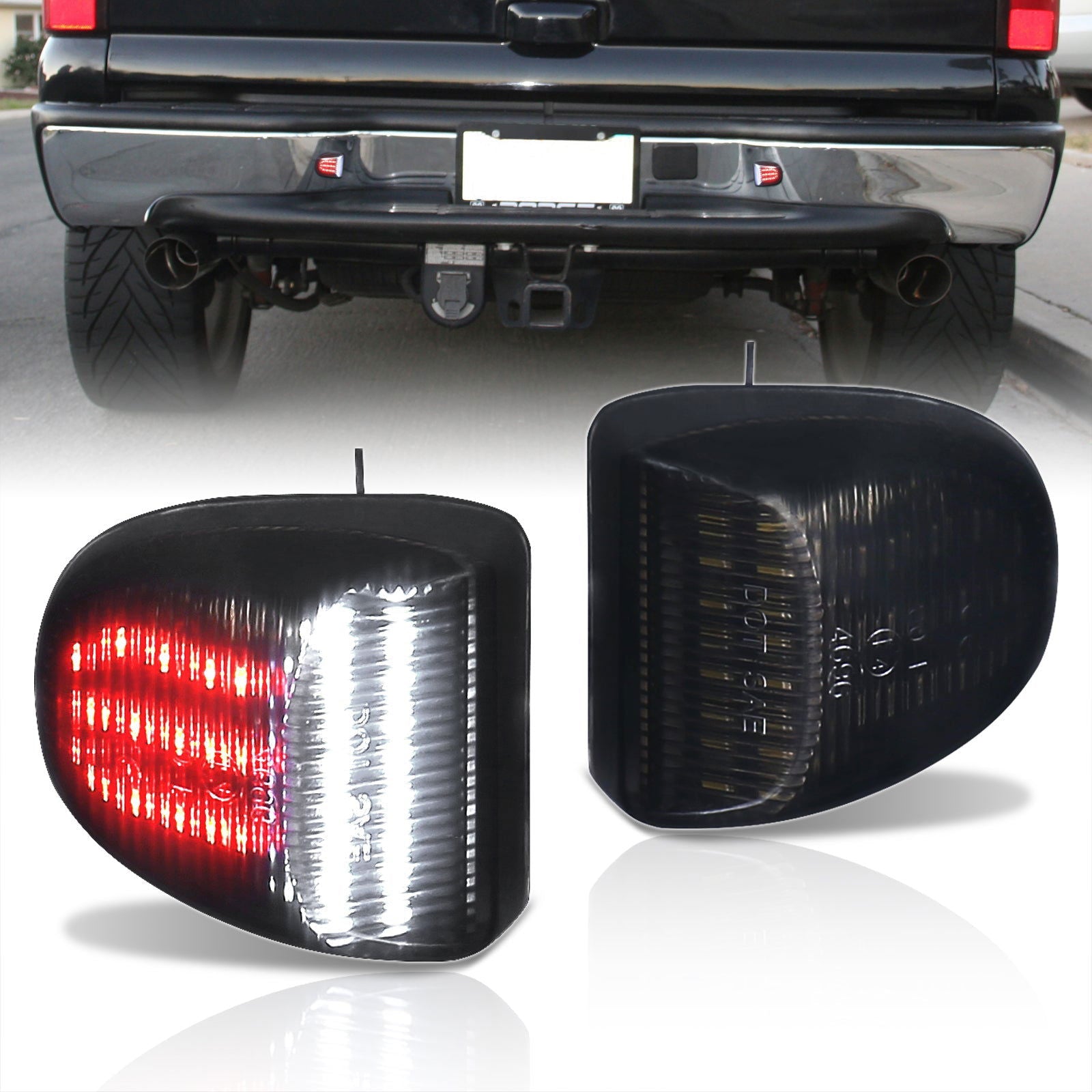 Chevrolet Silverado Tahoe Suburban 1999-2013 / GMC Sierra Yukon 1999-2013 / Cadillac Escalade 2002-2006 White & Red LED License Plate Lights Smoke Len - Parts Agent