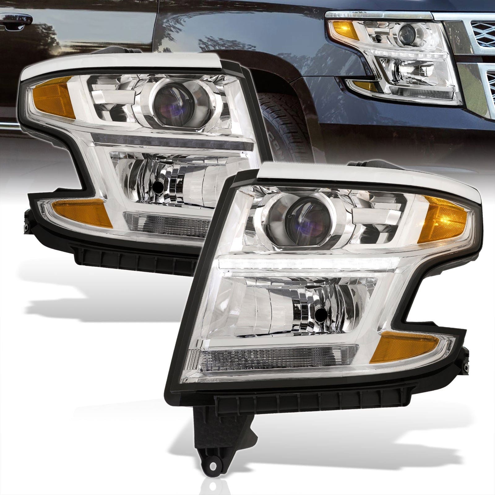 Chevrolet Suburban 2015-2020 / Suburban 3500HD 2016-2019 / Tahoe 2015-2020 Factory Style Projector Headlights Chrome Housing Clear Len Amber Reflector (Halogen Models Only) - Parts Agent