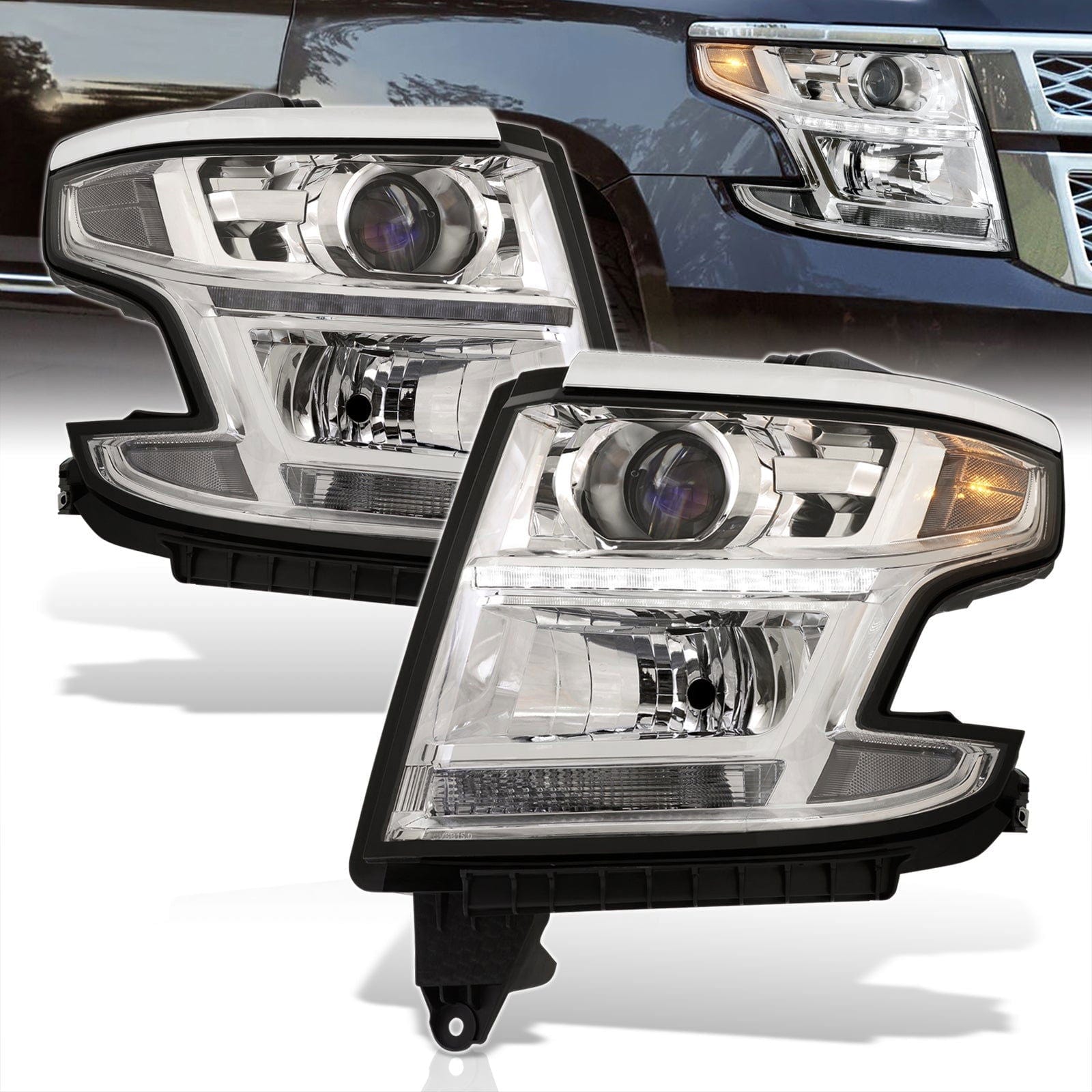 Chevrolet Suburban 2015-2020 / Suburban 3500HD 2016-2019 / Tahoe 2015-2020 Factory Style Projector Headlights Chrome Housing Clear Len Clear Reflector (Halogen Models Only) - Parts Agent