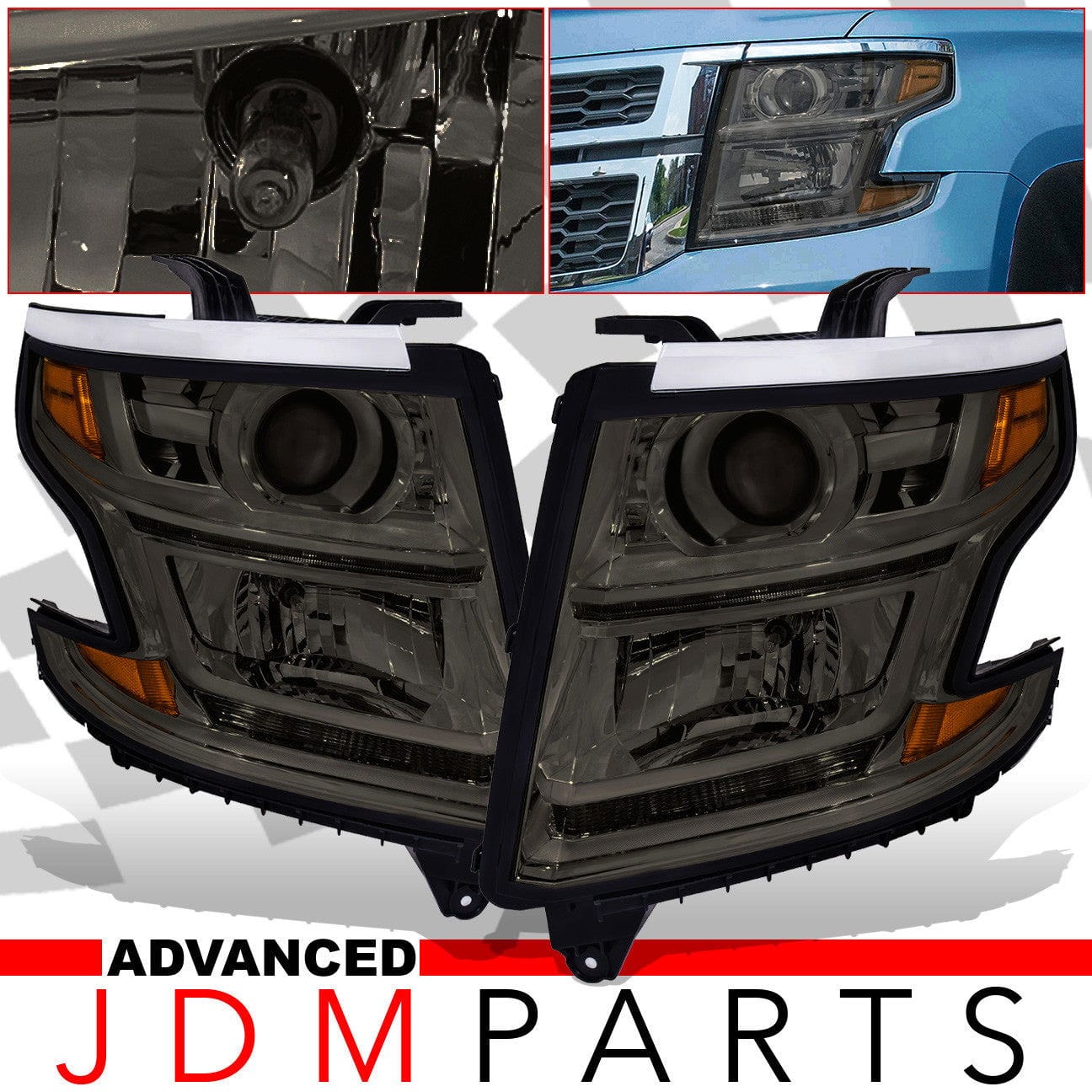 Chevrolet Suburban 2015-2020 / Suburban 3500HD 2016-2019 / Tahoe 2015-2020 Factory Style Projector Headlights Chrome Housing Smoke Len Amber Reflector (Halogen Models Only) - Parts Agent