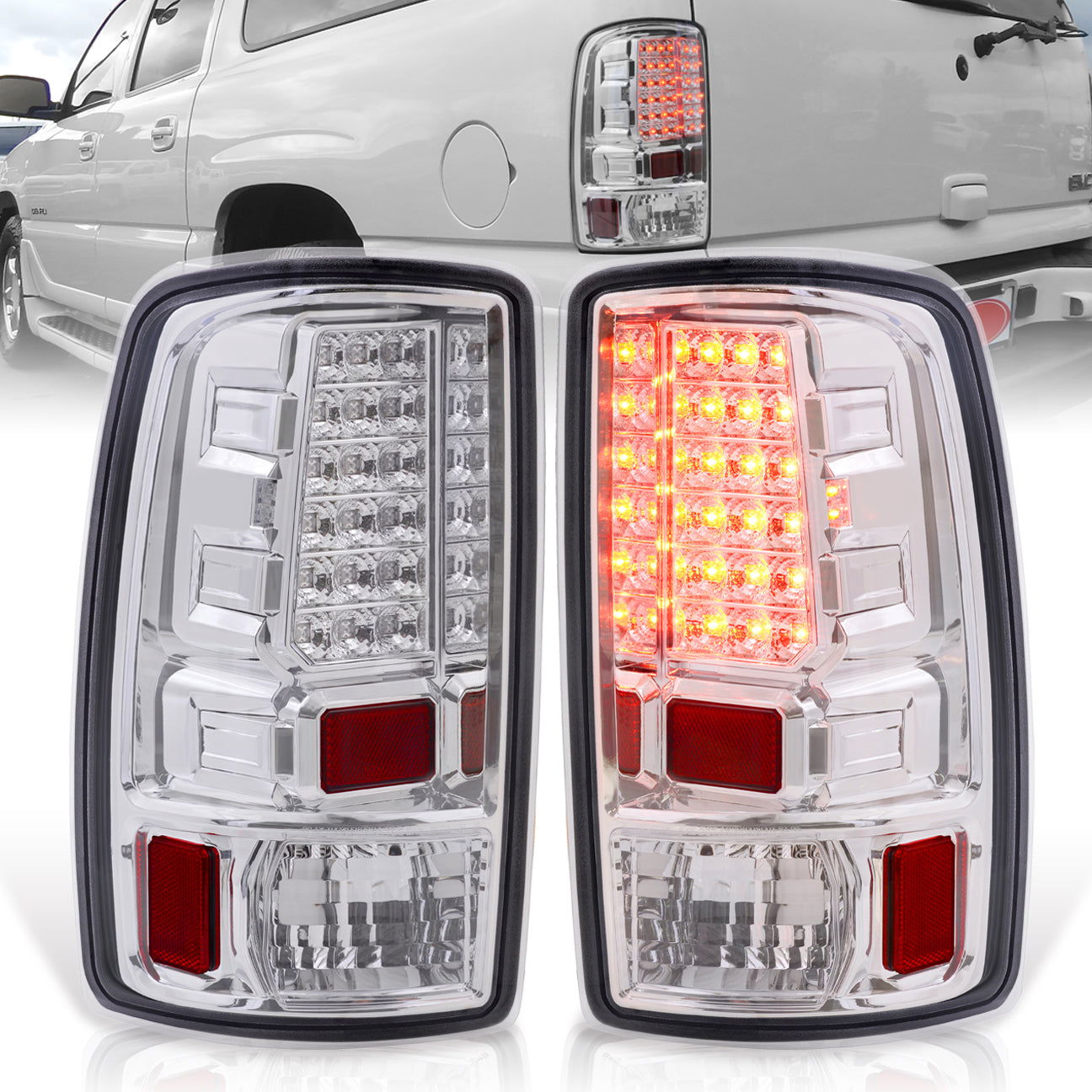 Chevrolet Suburban Tahoe 2000-2006 / GMC Yukon XL 2000-2006 / Yukon Denali 2001-2006 LED Tail Lights Chrome Housing Clear Len (Excluding Barn Door Trunks) - Parts Agent