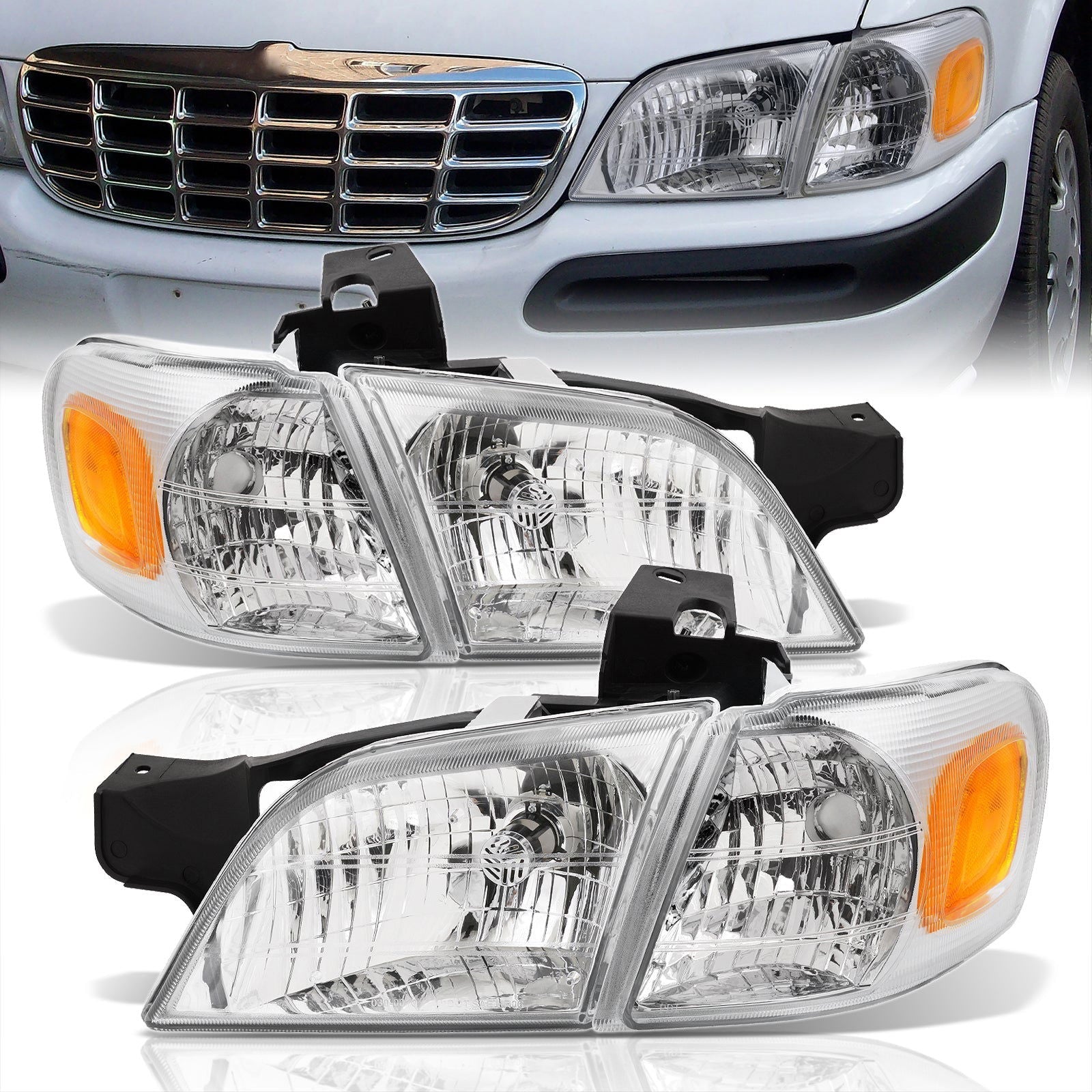 Chevrolet Venture 1997-2005 Factory Style Headlights Chrome Housing Clear Len Amber Reflector - Parts Agent