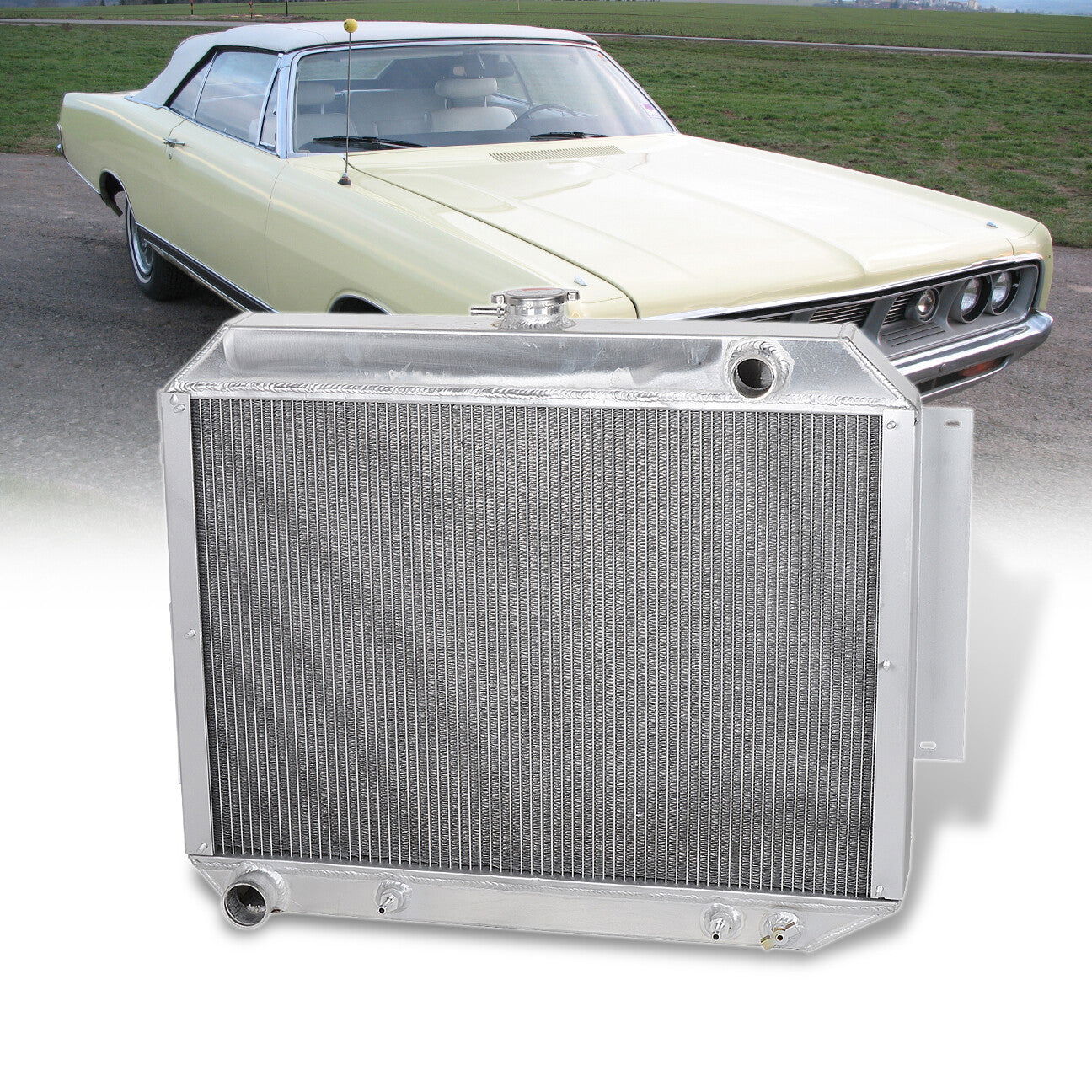 Chrysler 300 300C 1967-1970 / New Yorker 1966-1977 / Imperial 1966-1970 / Chrysler Town & Country Wagon 1968-1970 / Dodge Monaco & Polara 1966-1970 / Plymouth Fury 1967-1970 7.2L V8 Automatic & Manual Transmission Aluminum Radiator - Parts Agent