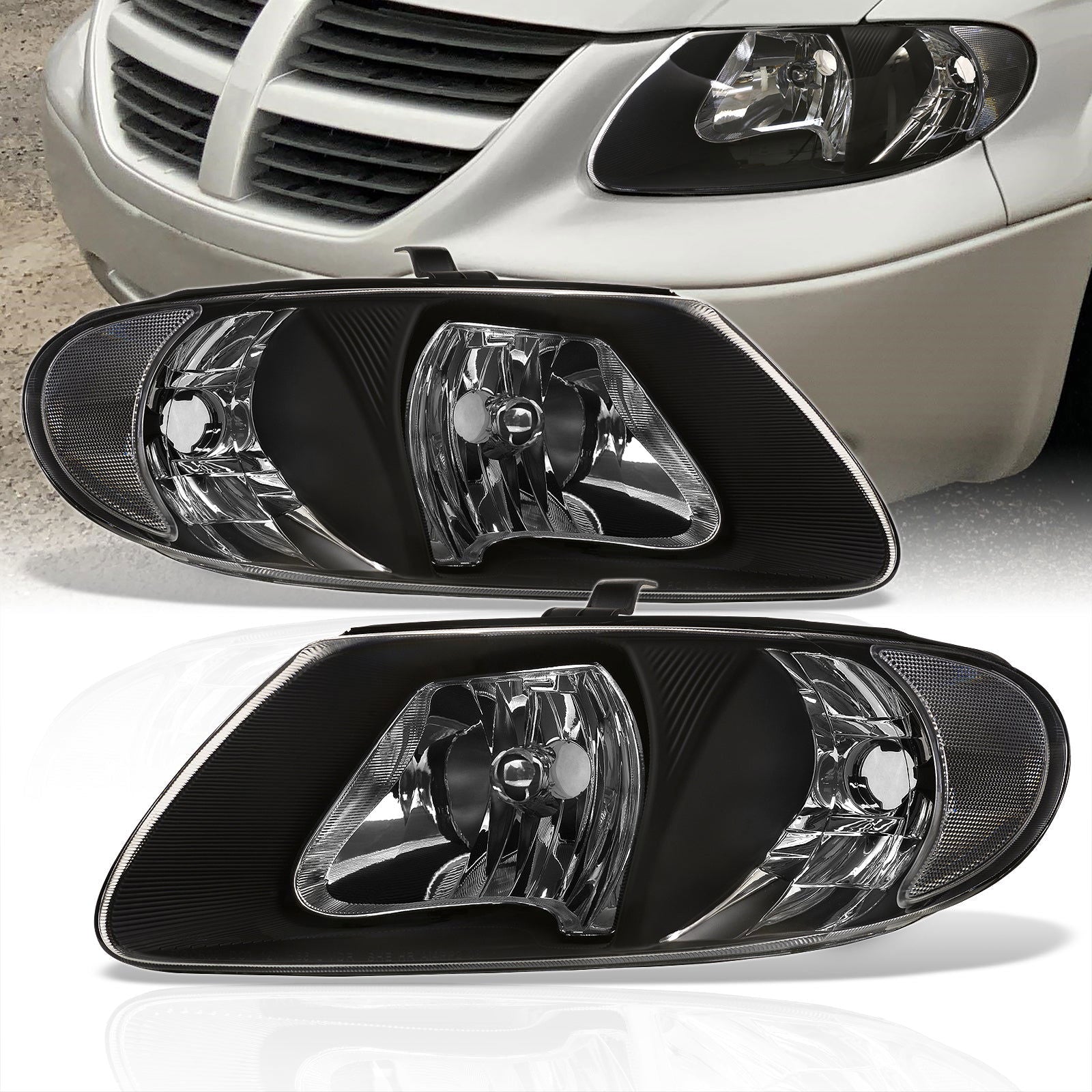 Chrysler Town & Country 2001-2007 / Grand Voyager 2001-2002 / Voyager 2001-2003 / Dodge Grand Caravan 2001-2007 Factory Style Headlights Black Housing Clear Len Clear Reflector (Halogen Models Only) - Parts Agent