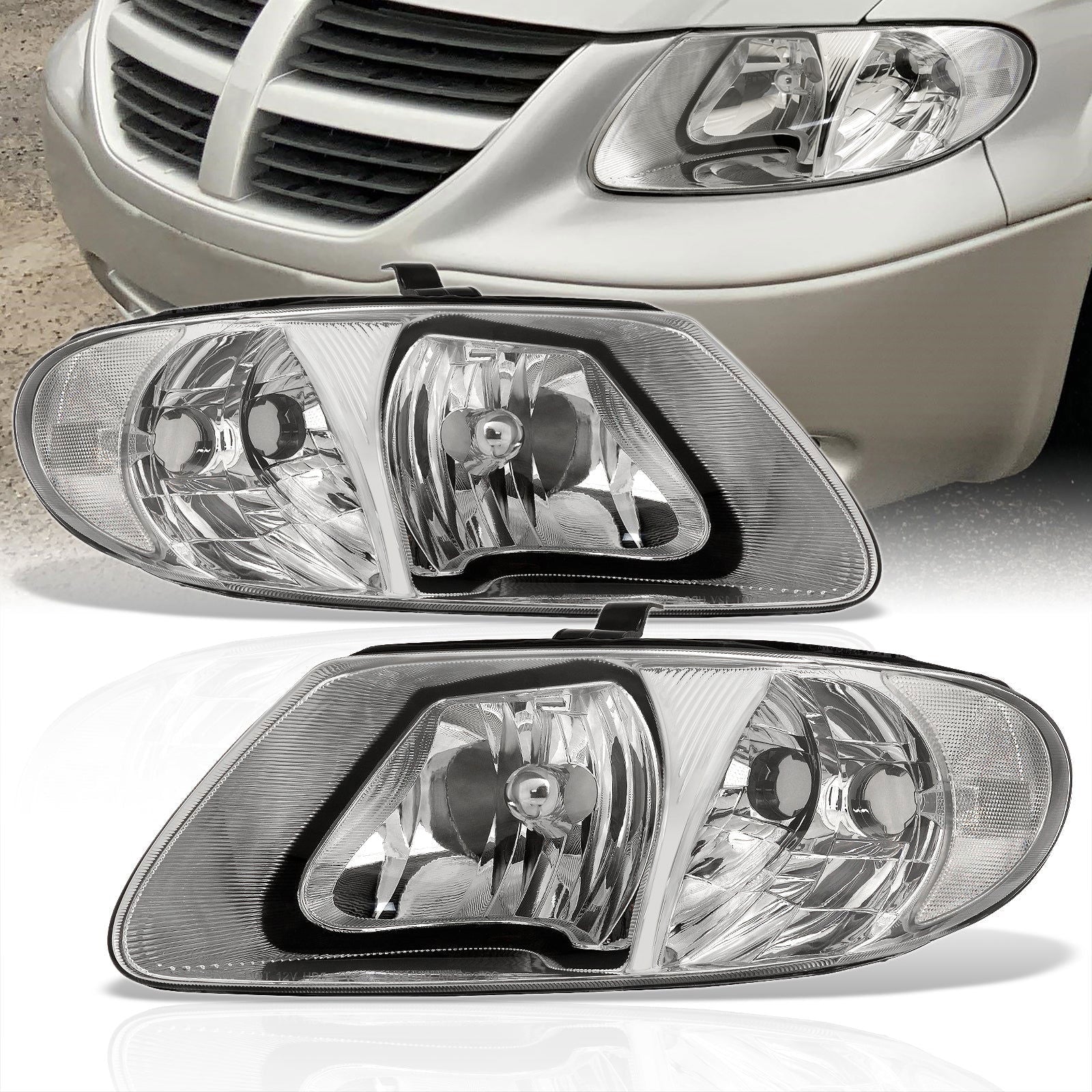 Chrysler Town & Country 2001-2007 / Grand Voyager 2001-2002 / Voyager 2001-2003 / Dodge Grand Caravan 2001-2007 Factory Style Headlights Chrome Housing Clear Len Clear Reflector (Halogen Models Only) - Parts Agent
