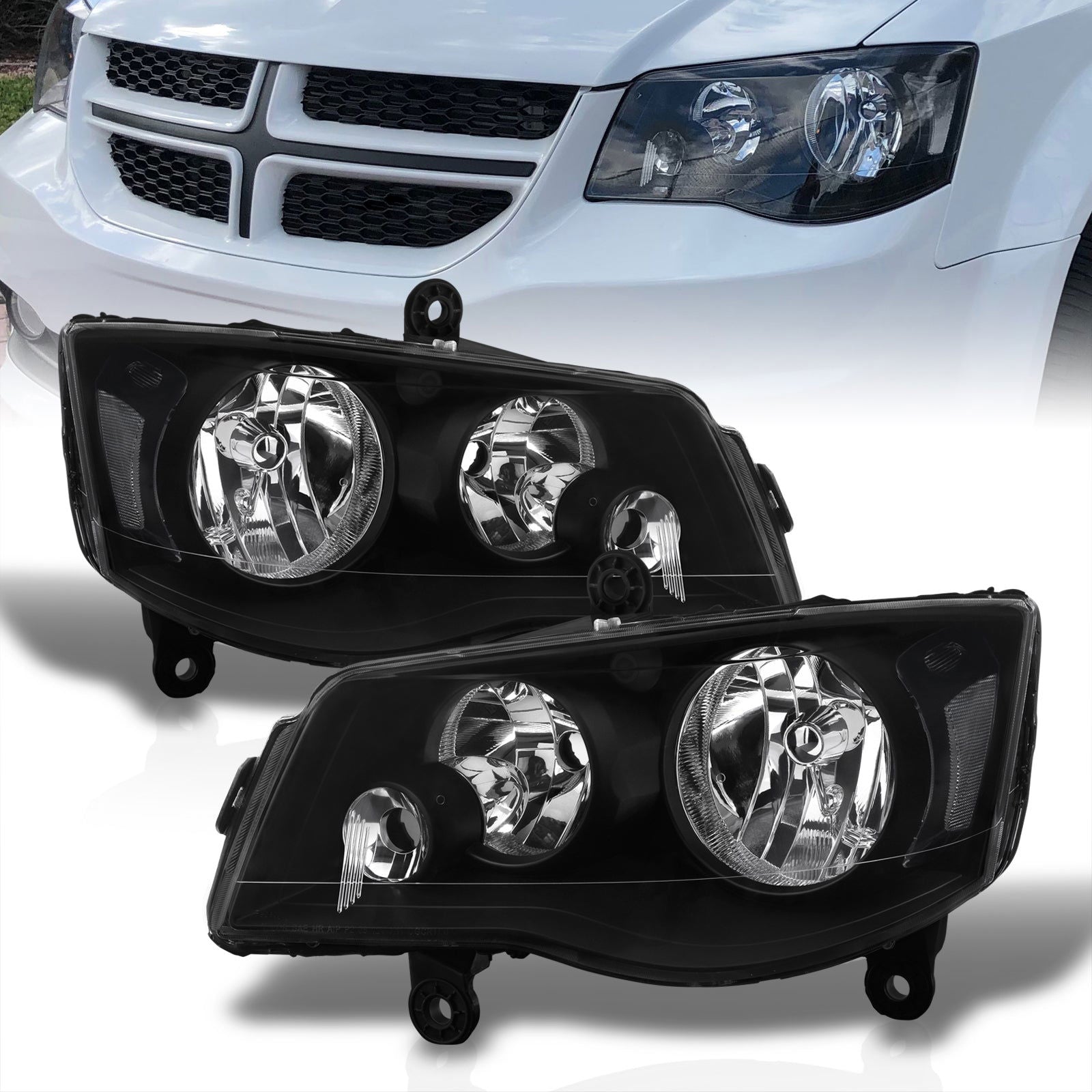 Chrysler Town & Country 2008-2016 / Dodge Grand Caravan 2011-2019 Factory Style Headlights Black Housing Clear Len Clear Reflector (Halogen Models Only) - Parts Agent