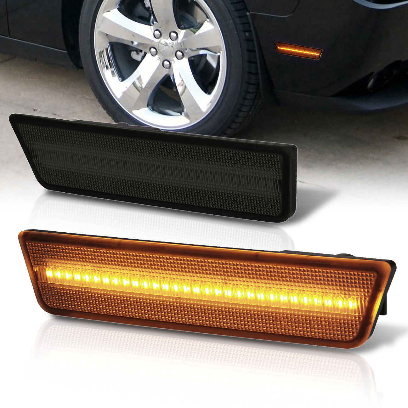 Dodge Challenger 2008-2014 Front Amber LED Side Marker Smoke Len - Parts Agent