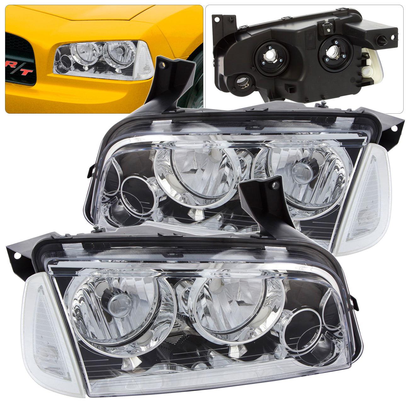 Dodge Charger 2006-2010 Factory Style Headlights + Corners Chrome Housing Clear Len Clear Reflector (Halogen Models Only) - Parts Agent