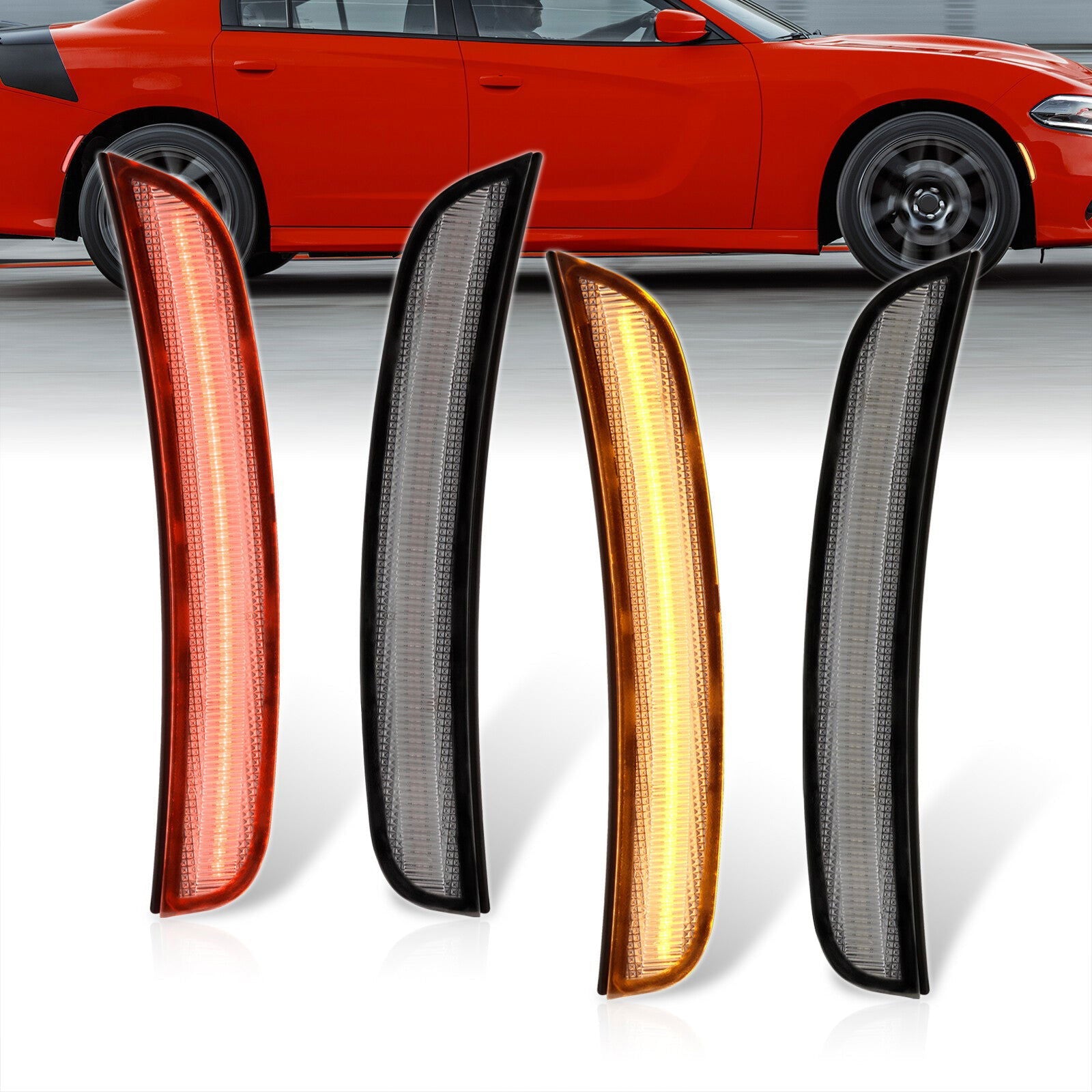 Dodge Charger 2015-2022 LED Clear Lens Front Amber + Red Rear Side Markers Lights - Parts Agent