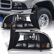 Dodge Dakota 1997-2004 / Durango 1998-2003 1 Piece Style Headlights + Bumpers Black Housing Clear Len Amber Reflector - Parts Agent