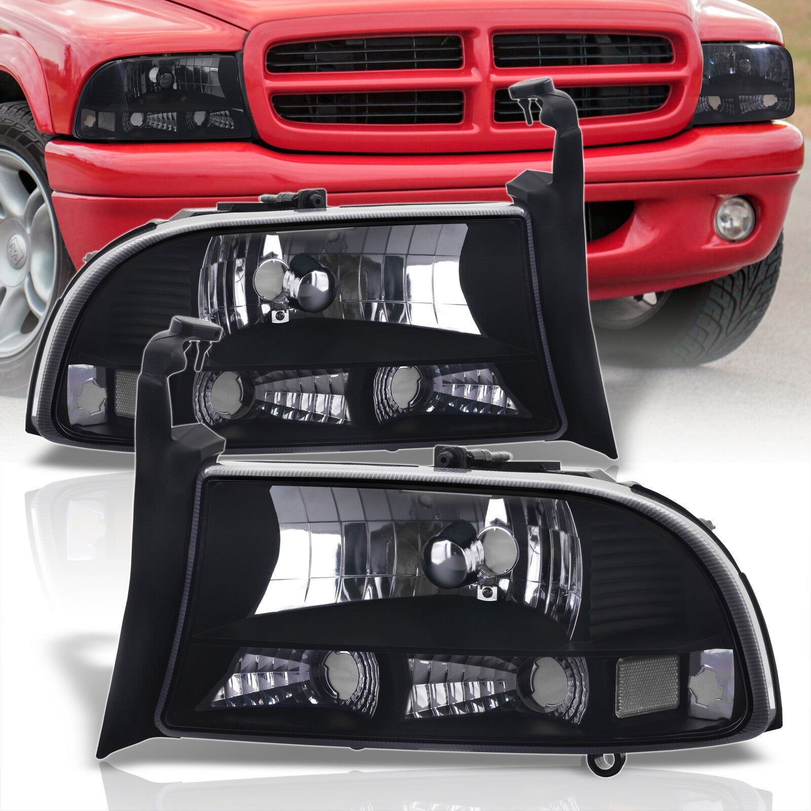 Dodge Dakota 1997-2004 / Durango 1998-2003 1 Piece Style Headlights + Bumpers Black Housing Clear Len Clear Reflector - Parts Agent