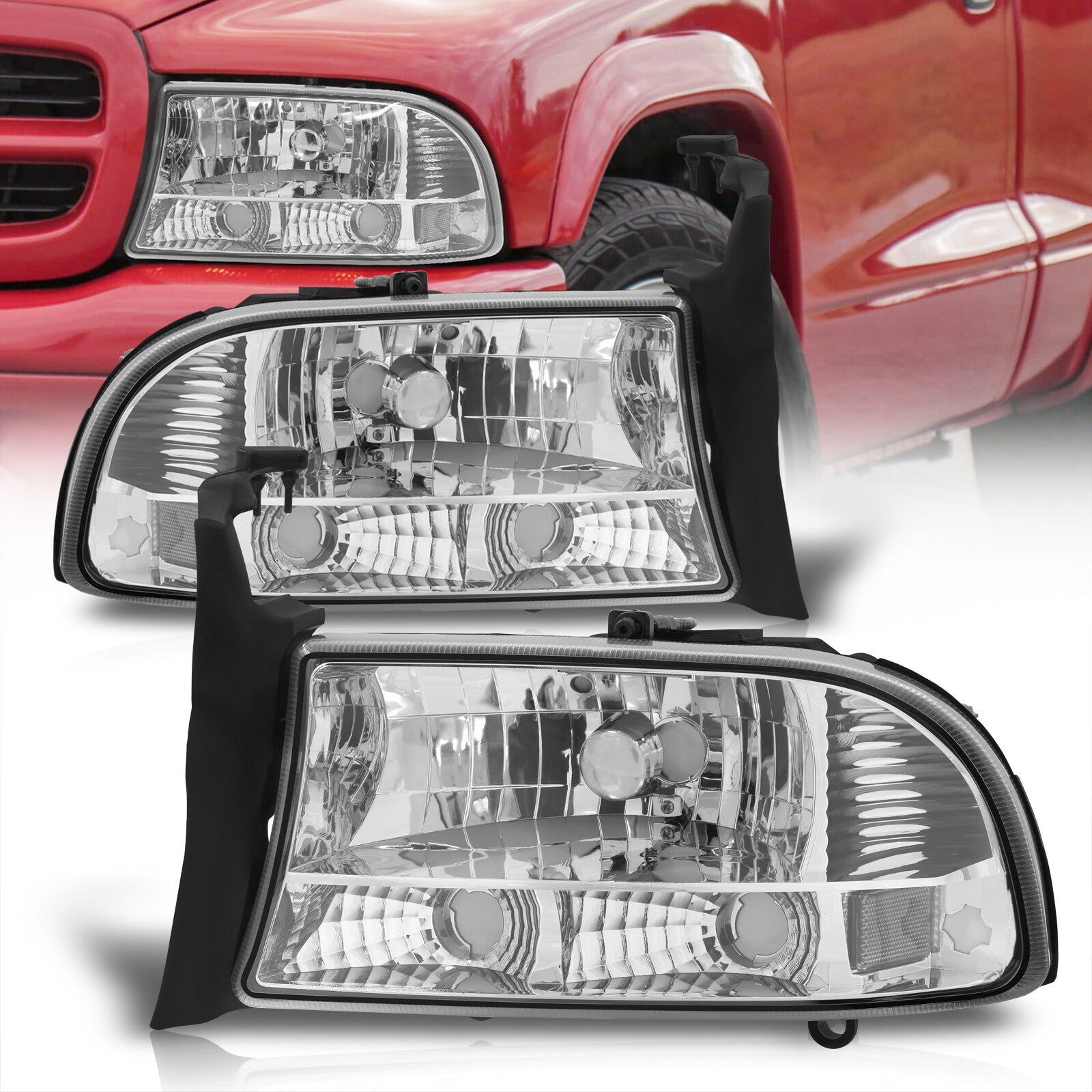 Dodge Dakota 1997-2004 / Durango 1998-2003 1 Piece Style Headlights + Bumpers Chrome Housing Clear Len Clear Reflector - Parts Agent