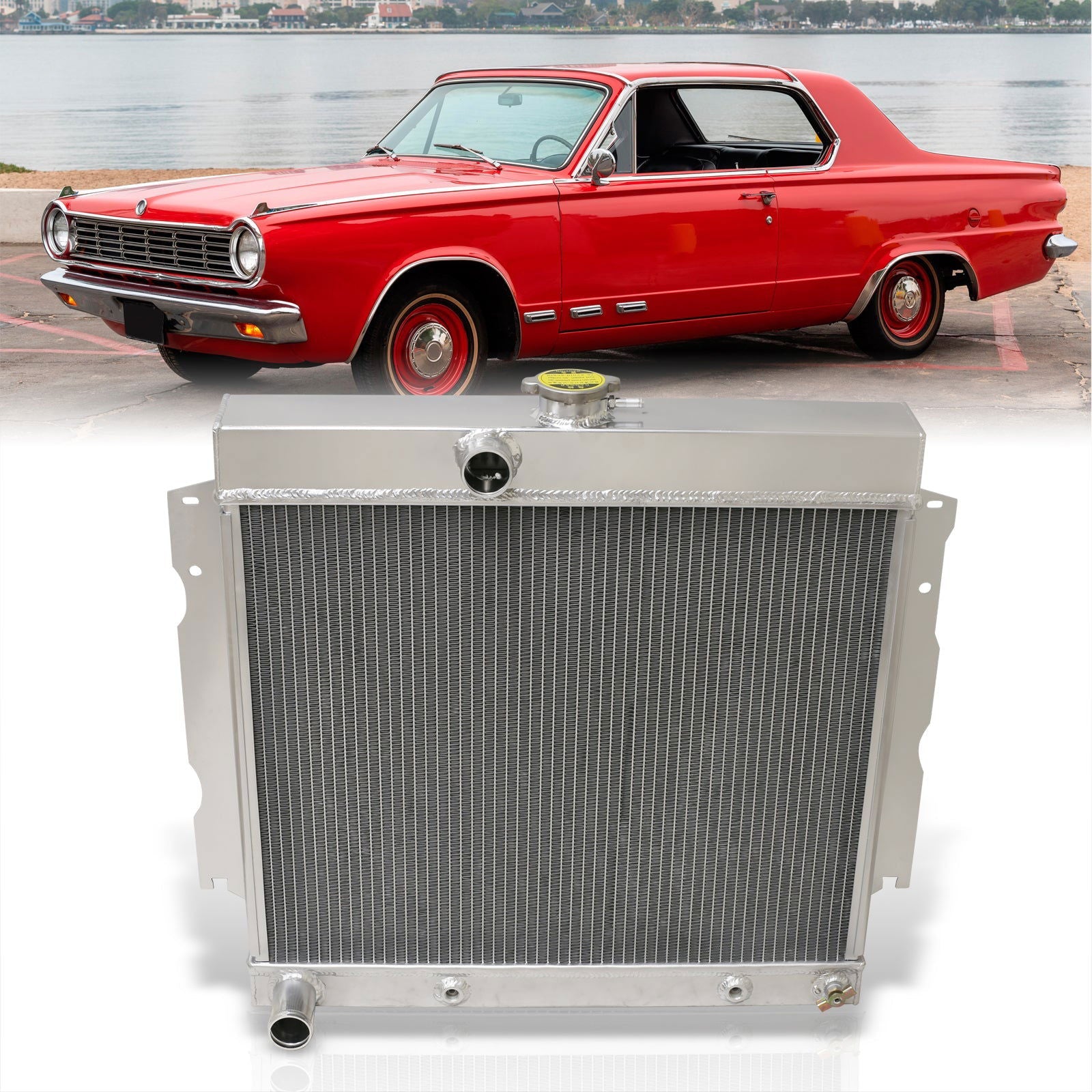 Dodge Dart 1965-1966 / Charger 1966-1969 / Coronet 1965-1969 / Plymouth Fury 1963-1967 / Satellite 1965-1967 / Belvedere 1963-1967 / Valiant 1966-1969 / Savoy 1963-1964 4.5L-7.2L 273 V8 Automatic & Manual Transmission Aluminum Radiator - Parts Agent