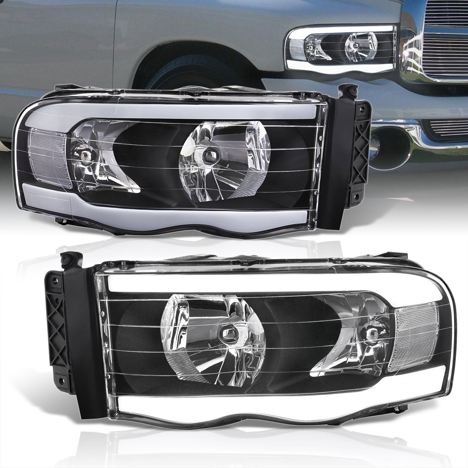 Dodge Ram 1500 2002-2005 / Ram 2500 3500 2003-2005 LED DRL Bar Factory Style Headlights Black Housing Clear Len Clear Reflector - Parts Agent