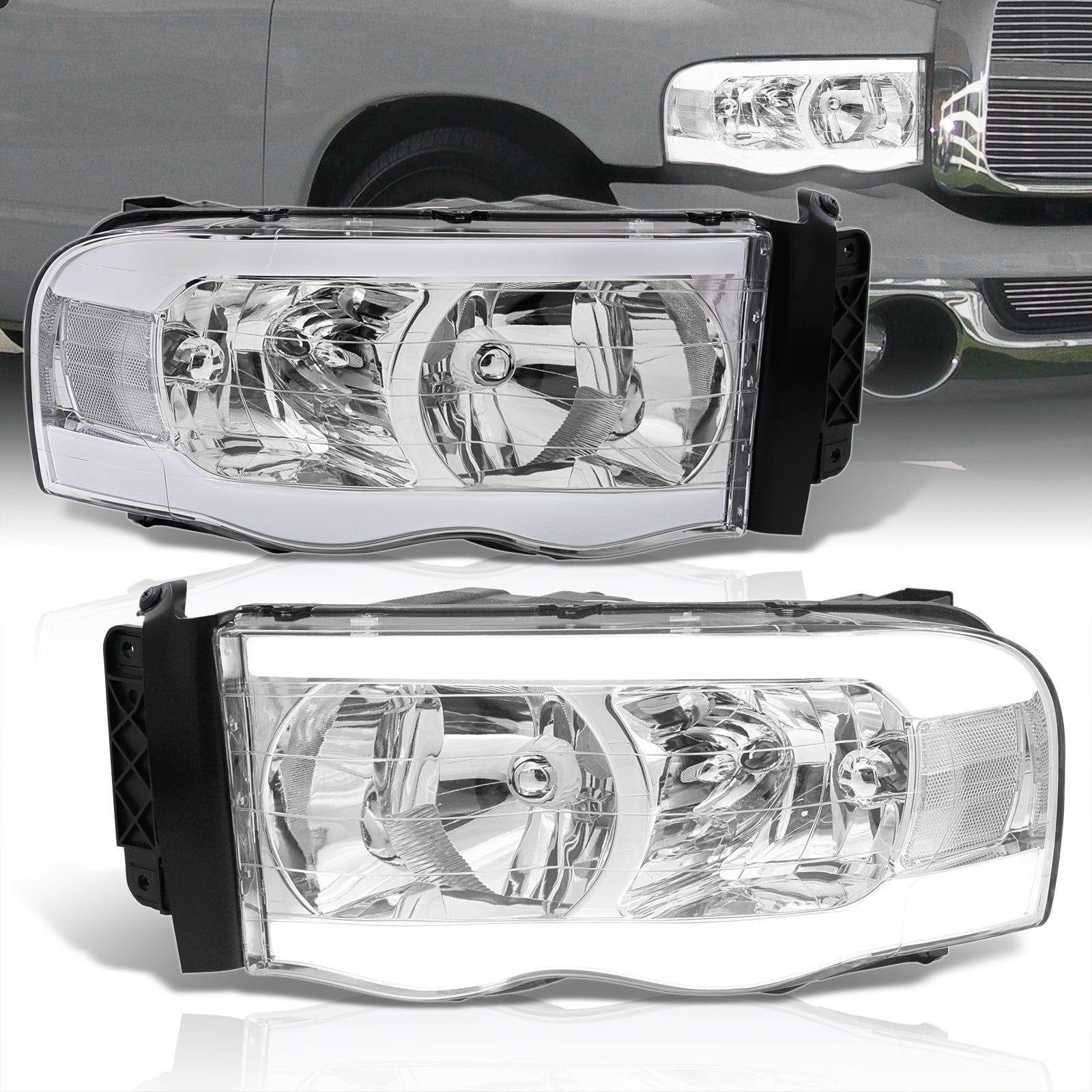Dodge Ram 1500 2002-2005 / Ram 2500 3500 2003-2005 LED DRL Bar Factory Style Headlights Chrome Housing Clear Len Clear Reflector - Parts Agent
