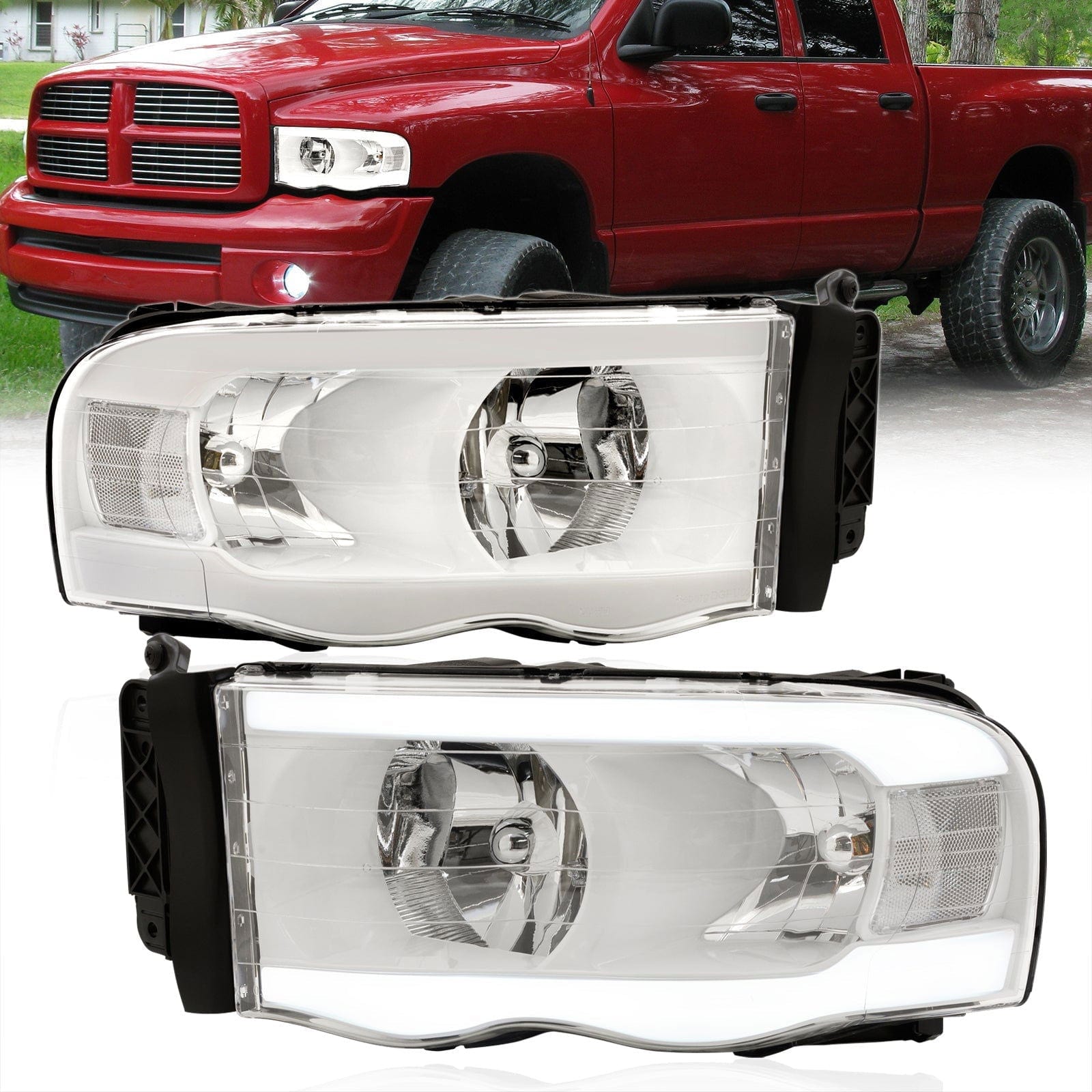 Dodge Ram 1500 2002-2005 / Ram 2500 3500 2003-2005 LED DRL Bar Factory Style Headlights White Housing Clear Len Clear Reflector - Parts Agent